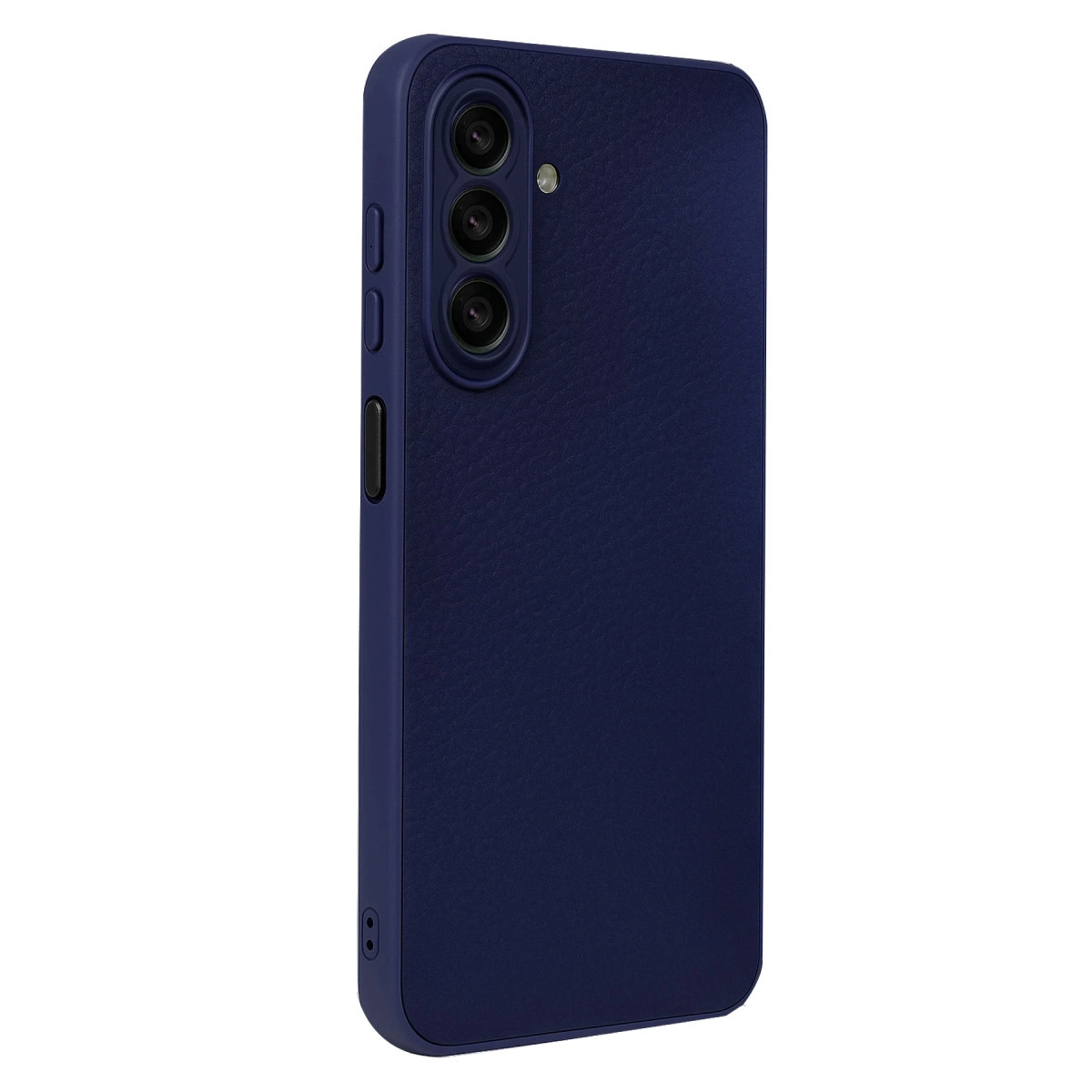 Doku kaplı arka yüzü ve üç kamera lensi olan lacivert telefon kılıfı.