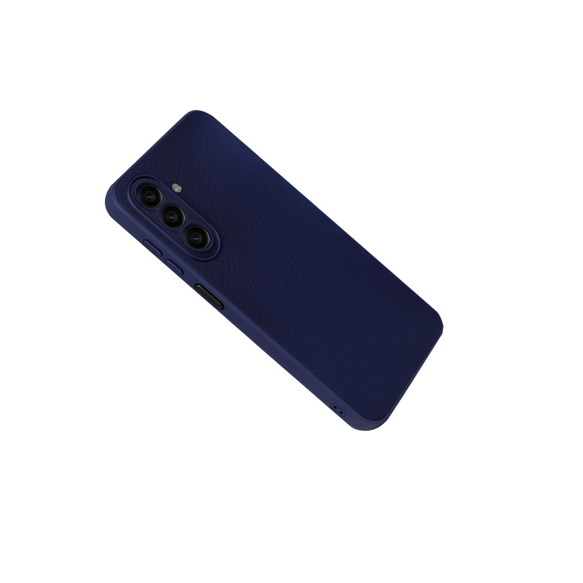 Doku kaplı arkaya ve kamera kesimine sahip lacivert telefon kılıfı.