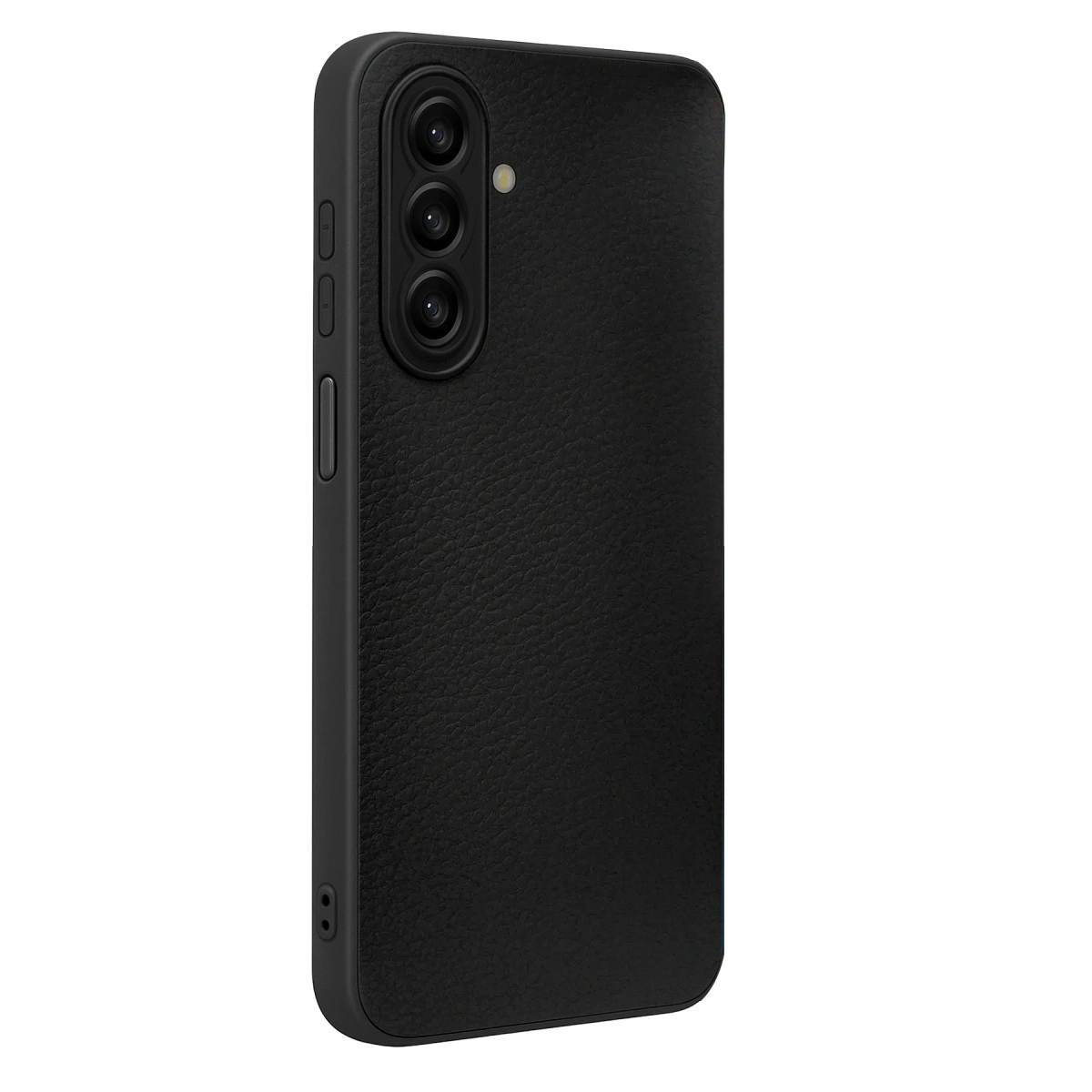 Deri dokulu, üç kameralı siyah telefon kılıfı.