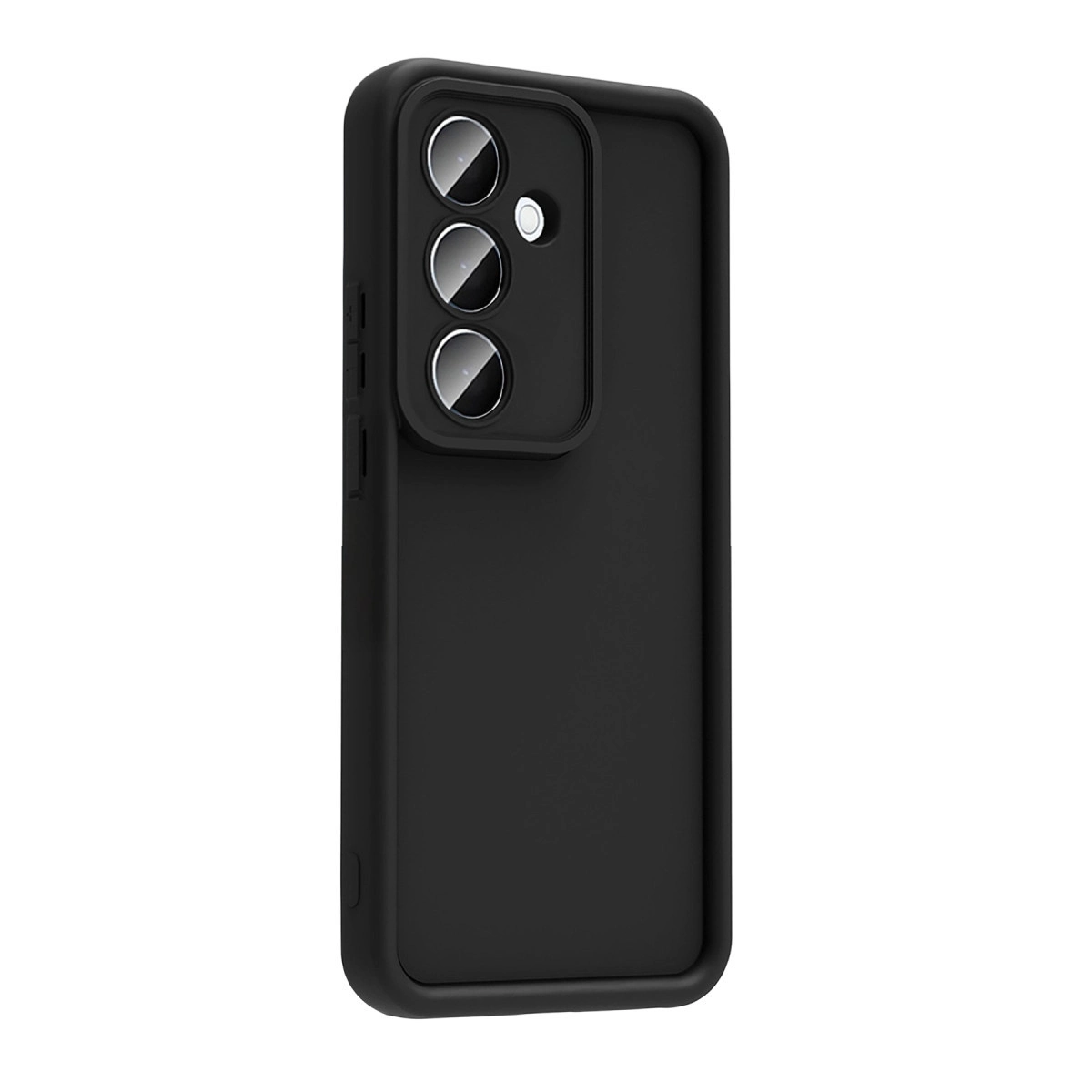Arkada üç kamera lensi ve flaşı olan siyah telefon kılıfı.