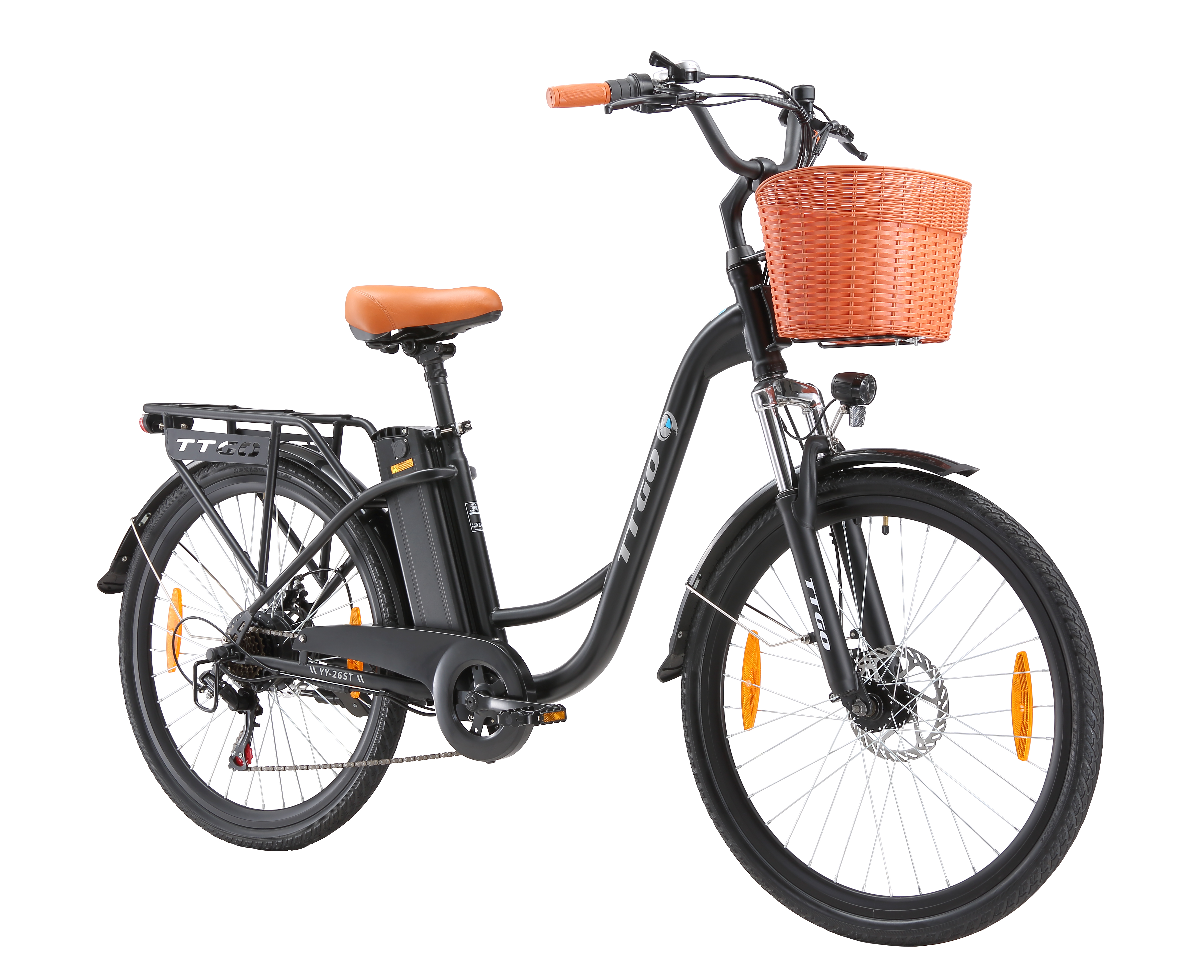 Schwarzes E-Bike mit braunem Sattel, orangefarbenem Korb und Gepäckträger.