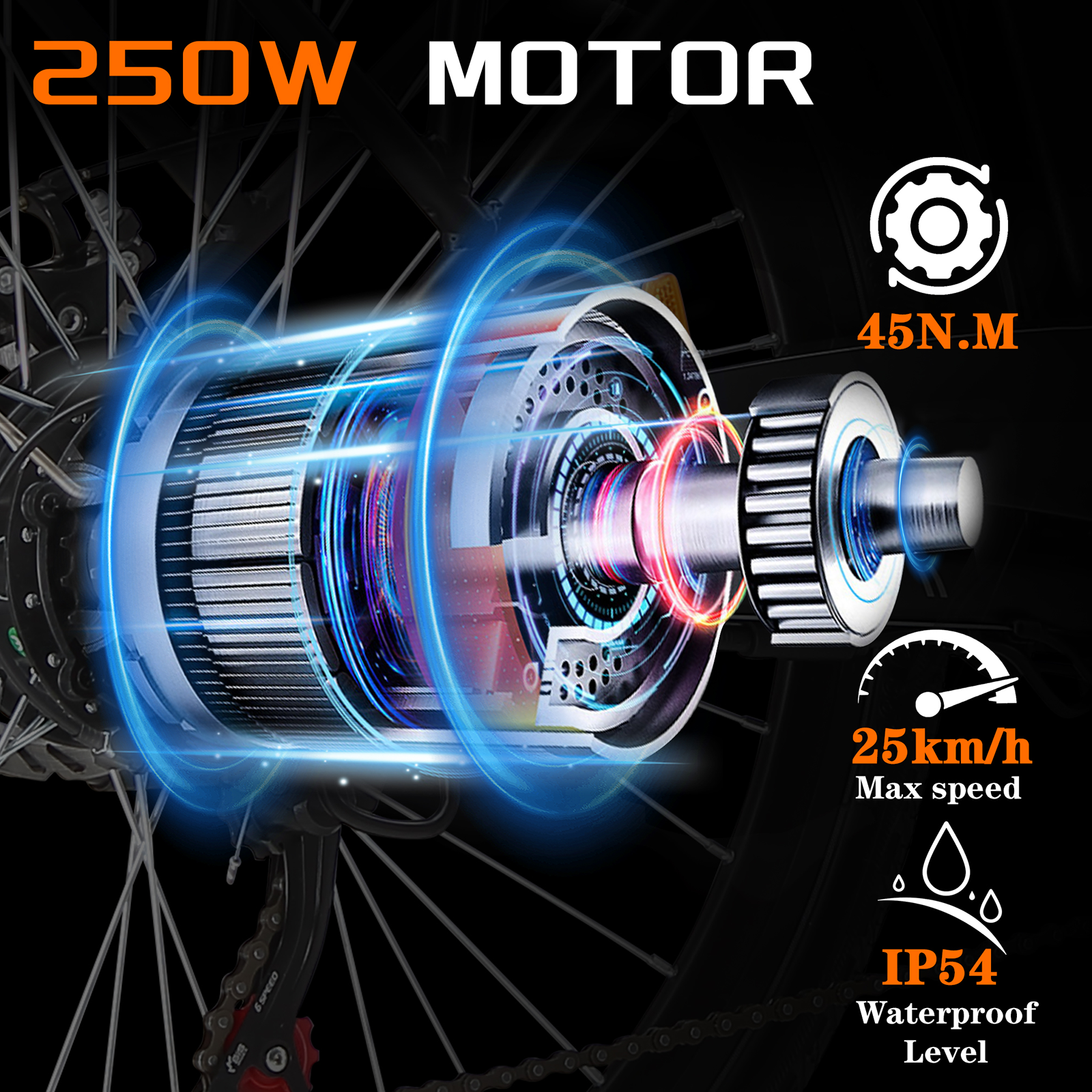 250W Motor mit 45 Nm Drehmoment, 25 km/h Höchstgeschwindigkeit, IP54 wasserdicht.
