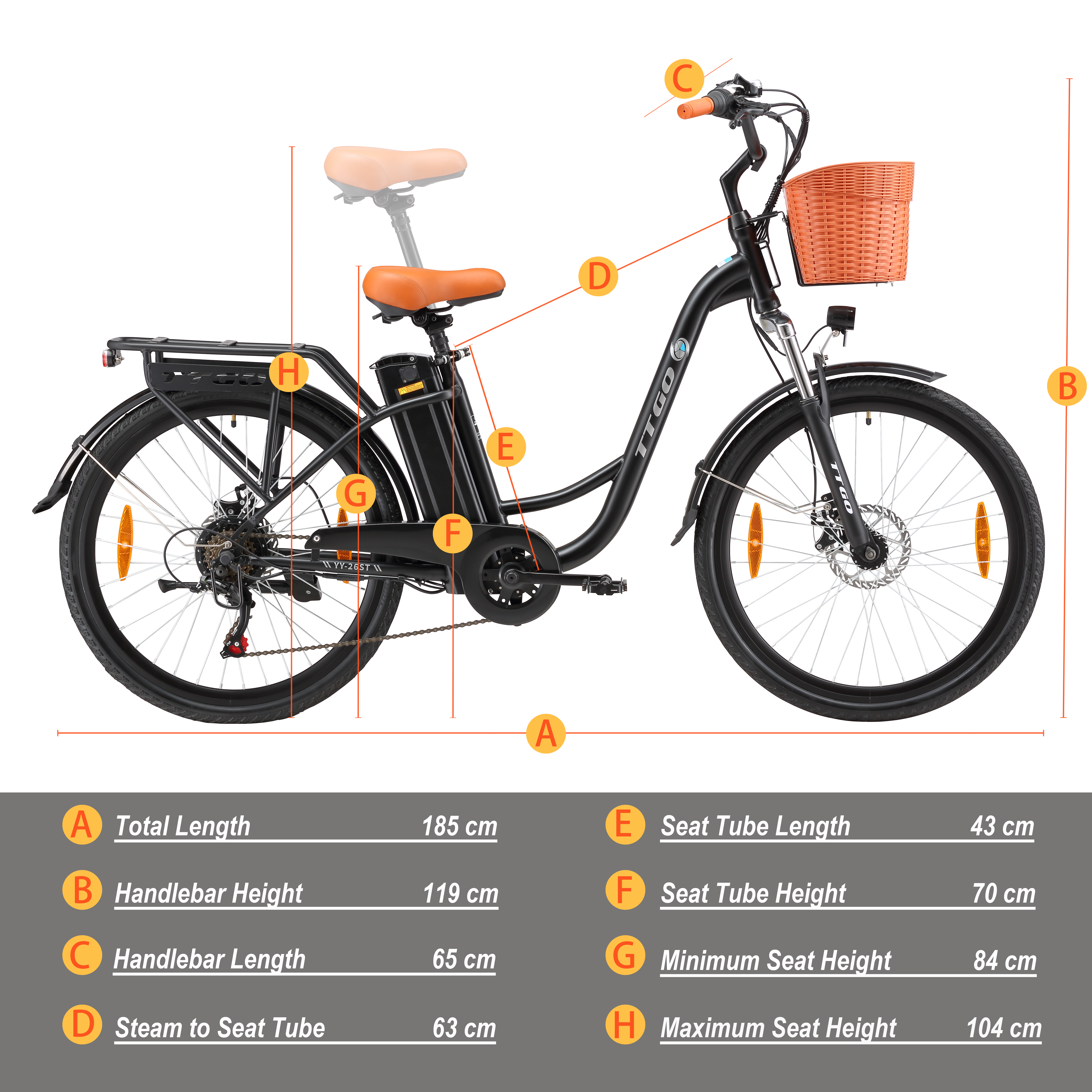 Schwarz-weißes E-Bike mit orangefarbenem Sattel, Korb und Markierungen.