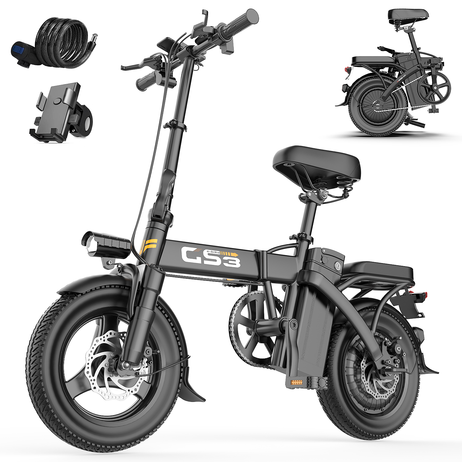 Ein schwarzes faltbares E-Bike mit Zubehör wie Schloss und Handyhalterung.