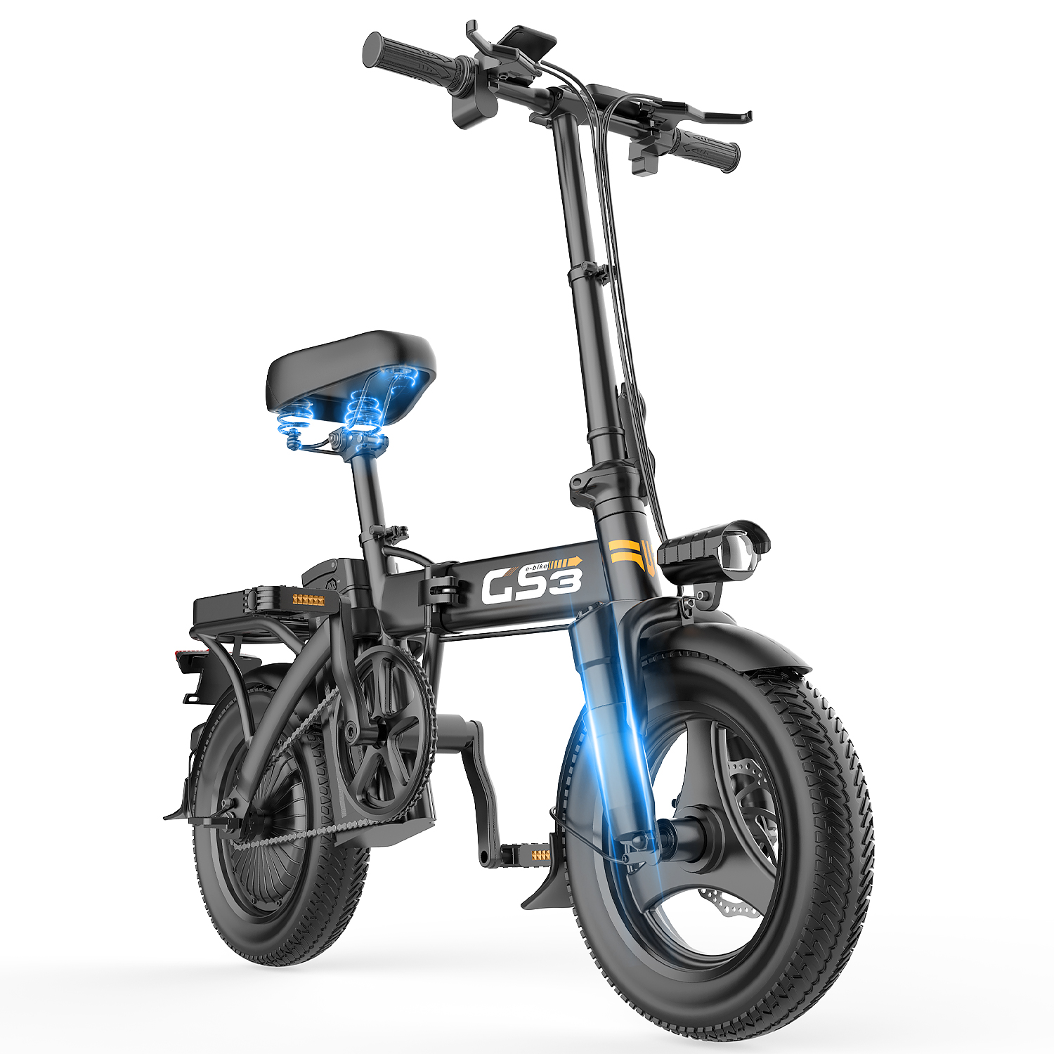 Ein schwarzes faltbares E-Bike mit Federung und Scheinwerfer.
