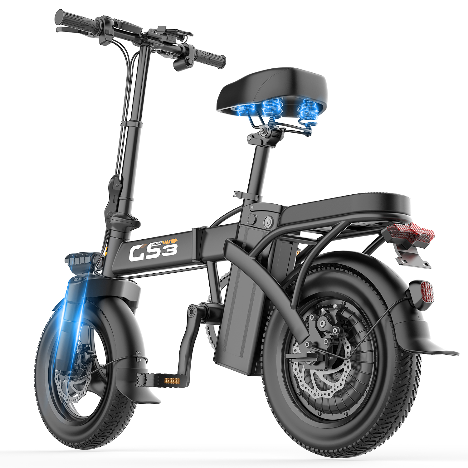 Schwarzes faltbares E-Bike mit Federung unter dem Sitz und blauen Lichtern.