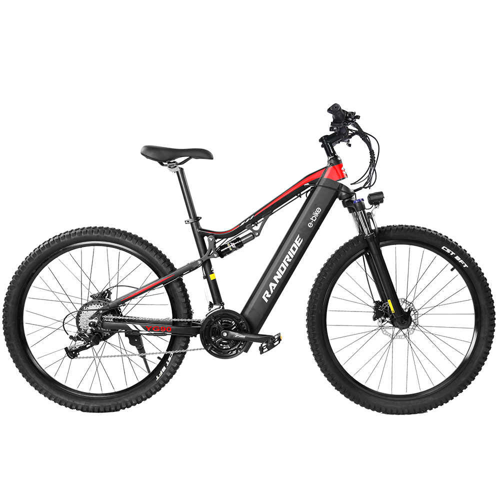 Schwarzes E-Bike mit roten Akzenten und Federung.