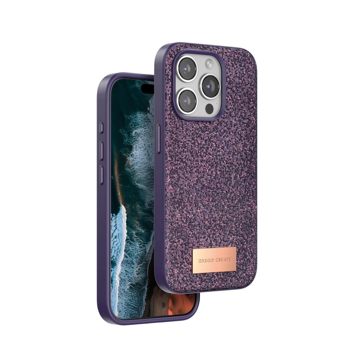 Simli ve kamera kesimli mor iPhone kılıfı.