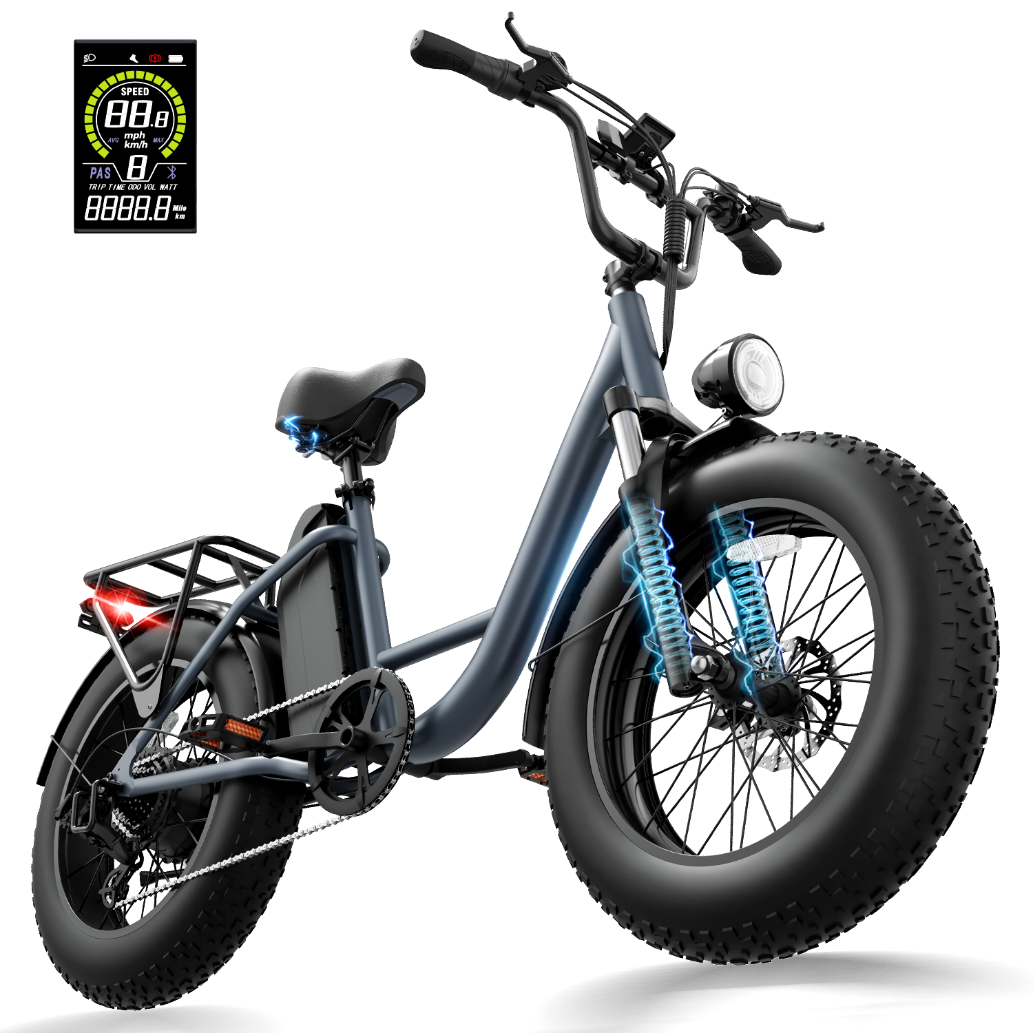 Dunkelgraues E-Bike mit fetten Reifen, Federung, Gepäckträger und Display.