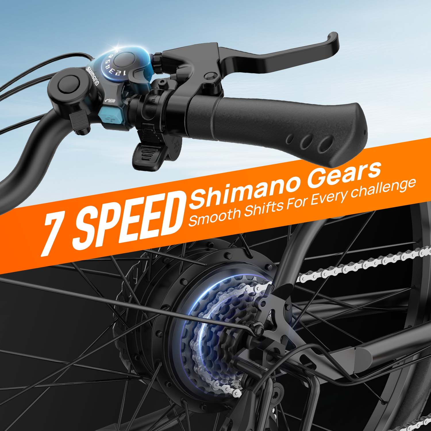 Zbliżenie na 7-biegową manetkę Shimano i tylną kasetę roweru.