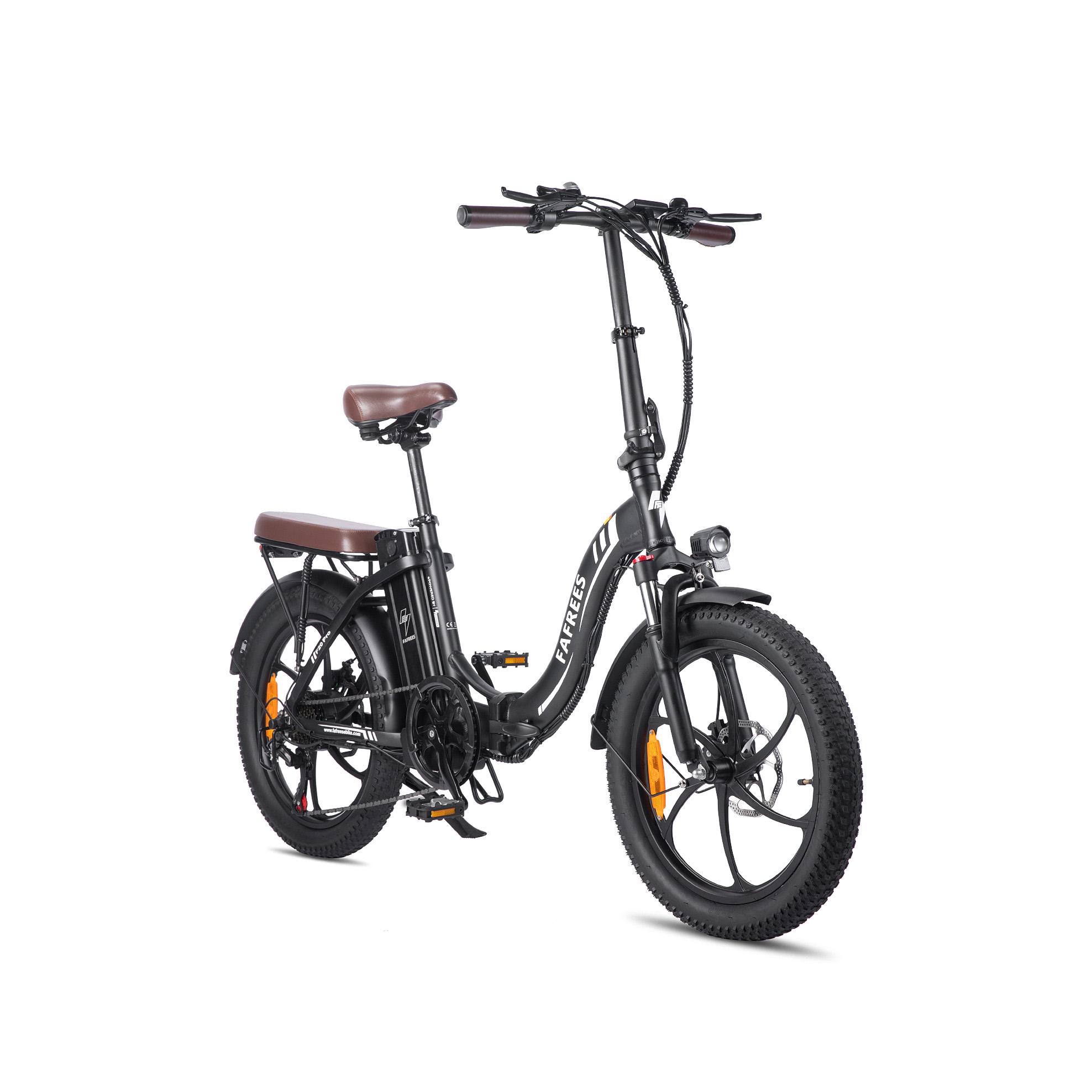 Schwarzes Klapp-E-Bike mit braunem Sattel und Griffen, Vorderradantrieb.