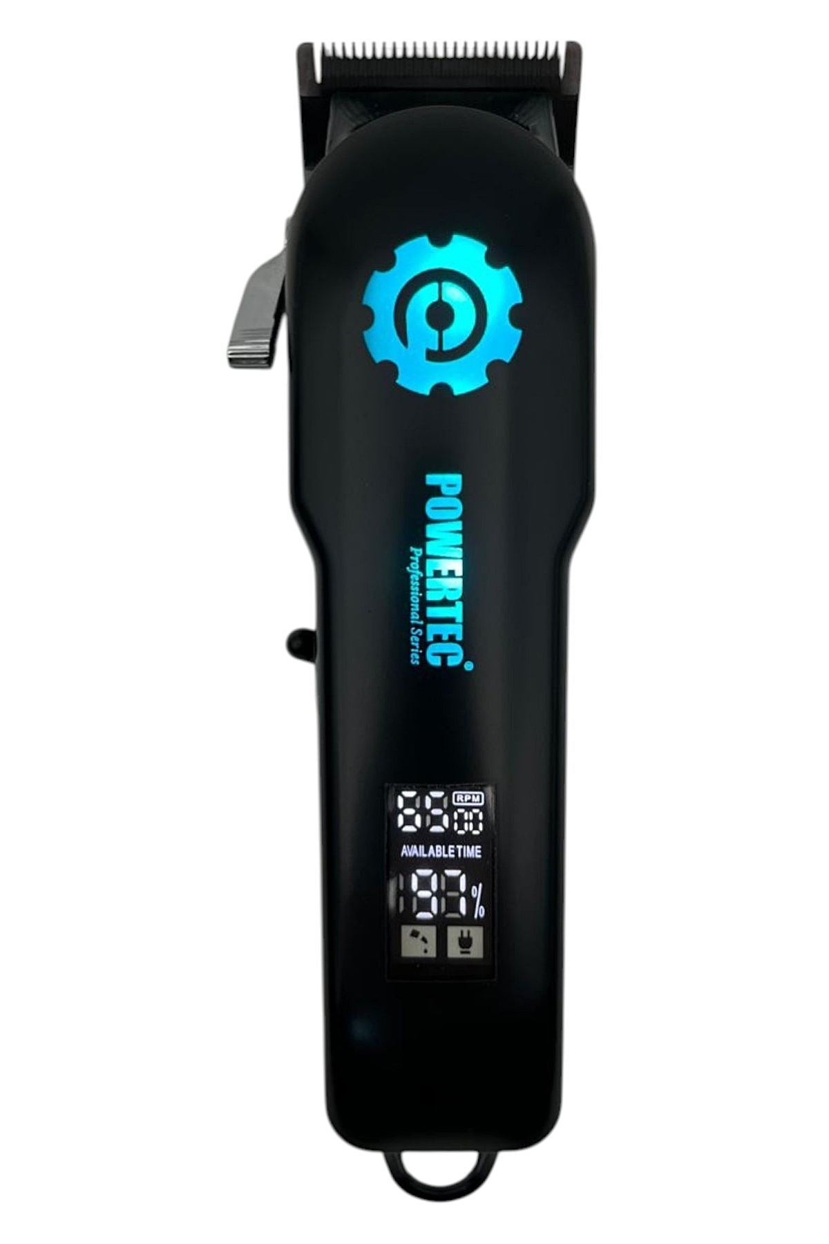 Mavi dişli logo, Powertec yazısı ve dijital ekranı olan siyah saç kesme makinesi.
