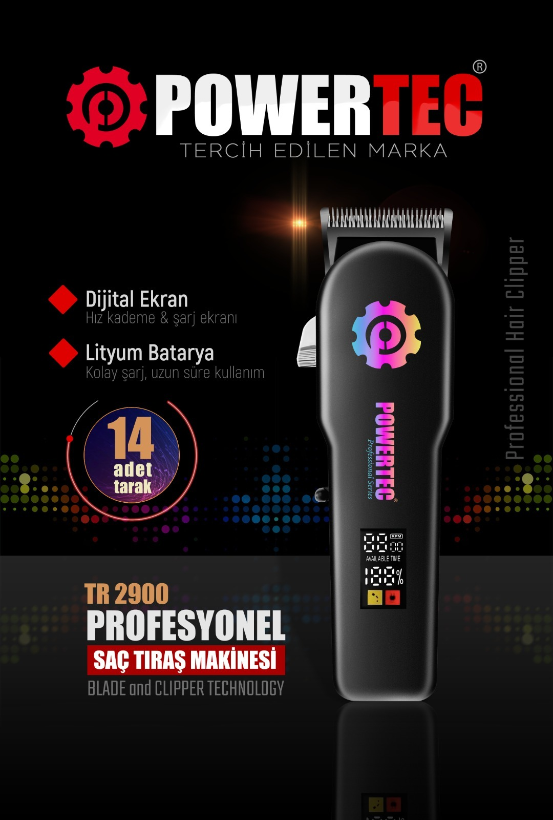 Dijital ekranlı ve 14 taraklı siyah Powertec saç kesme makinesi.