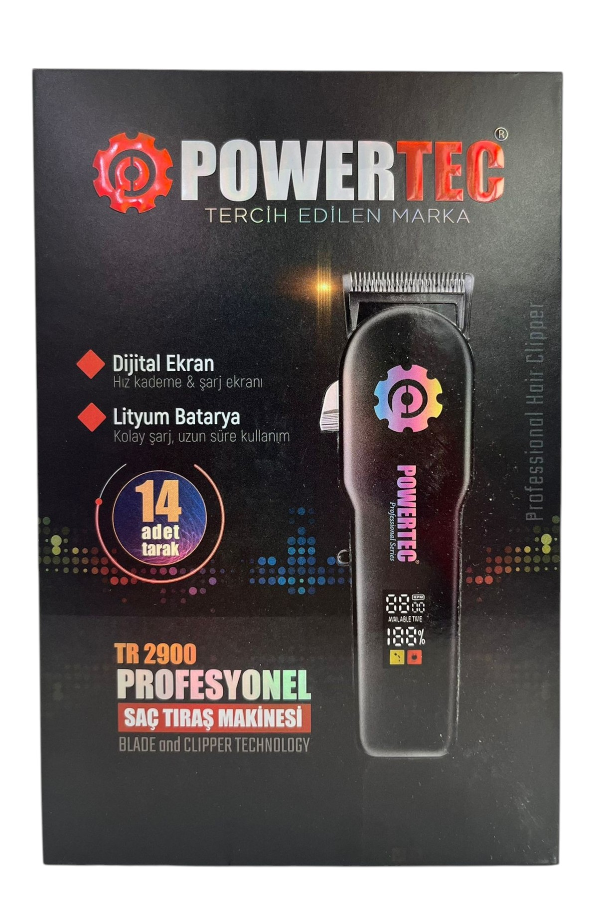 Dijital ekranlı ve 14 taraklı POWERTEC saç kesme makinesi kutusu.