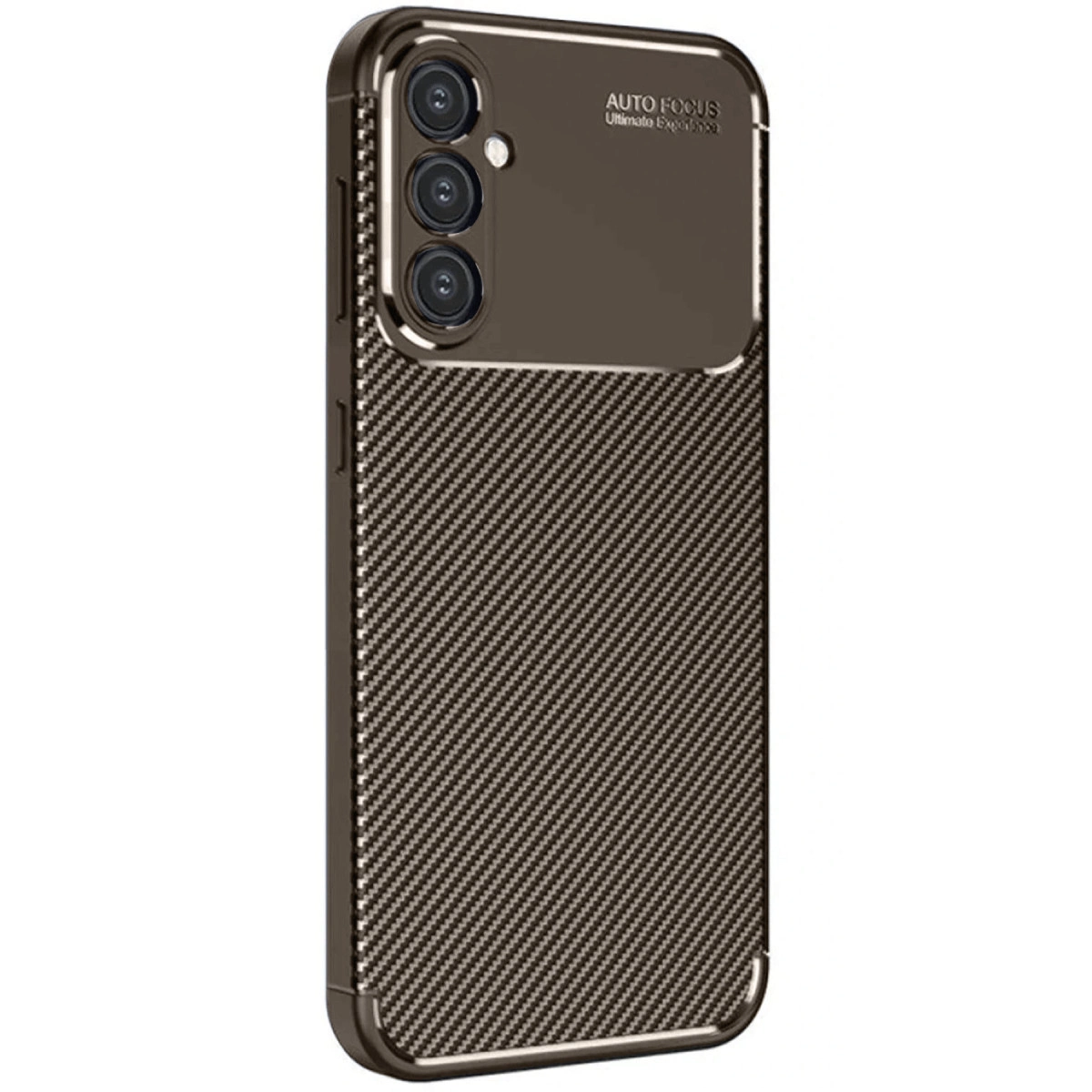 Karbon fiber arka ve üç kameraya sahip koyu gri telefon.