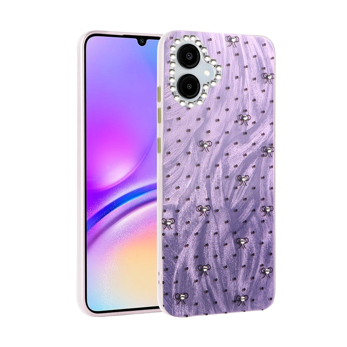 Kamera çevresinde incili, fiyonk desenli mor telefon kılıfı