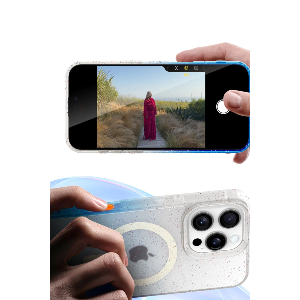 El, parıltılı kılıflı iPhone tutuyor, yolda kırmızı elbiseli kadın görünüyor.