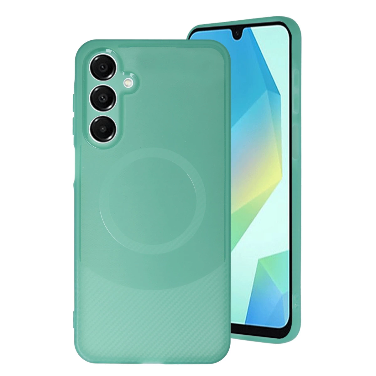 Üç kameralı turkuaz telefon kılıfı ve bir akıllı telefon.