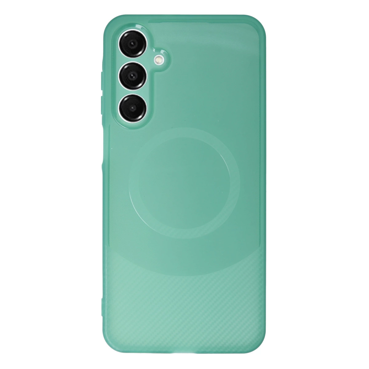 Üç kamera lensi ve dairesel deseni olan turkuaz telefon kılıfının arkası.
