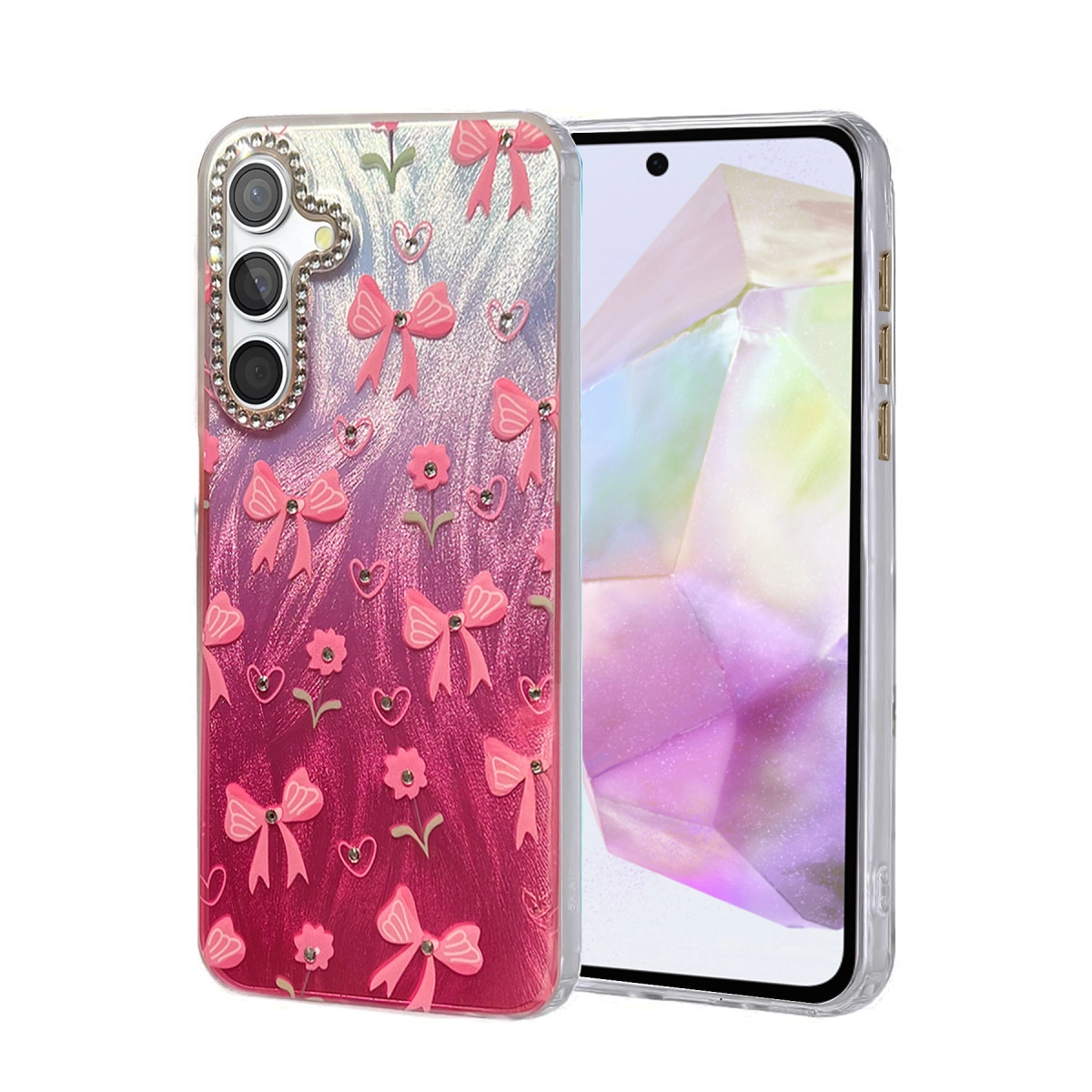 Pembe fiyonklar, kalpler ve çiçekler içeren, simle süslenmiş telefon kılıfı.
