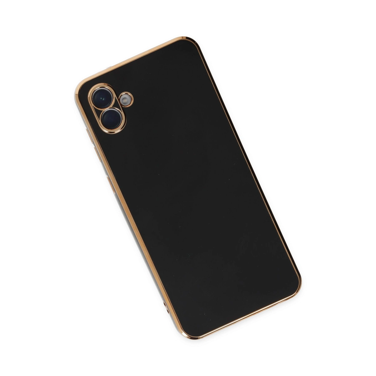 Altın kenarlı, iki kameralı siyah akıllı telefon, beyaz üzerinde izole.