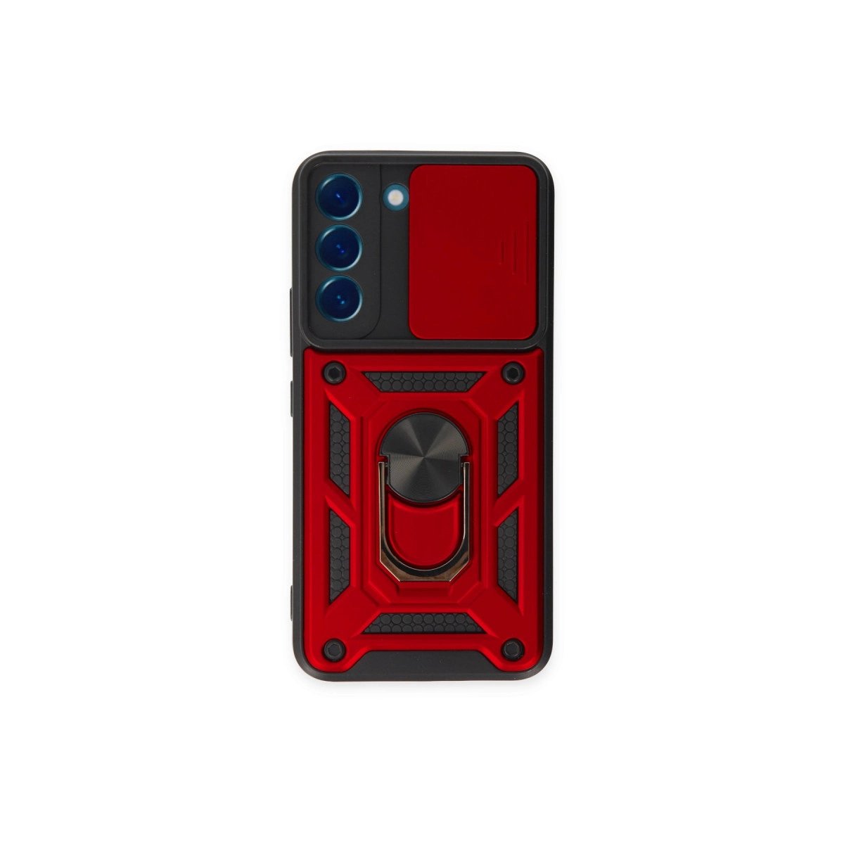 Kamera kapaklı, halka tutuculu, güçlendirilmiş köşeli kırmızı telefon kılıfı.