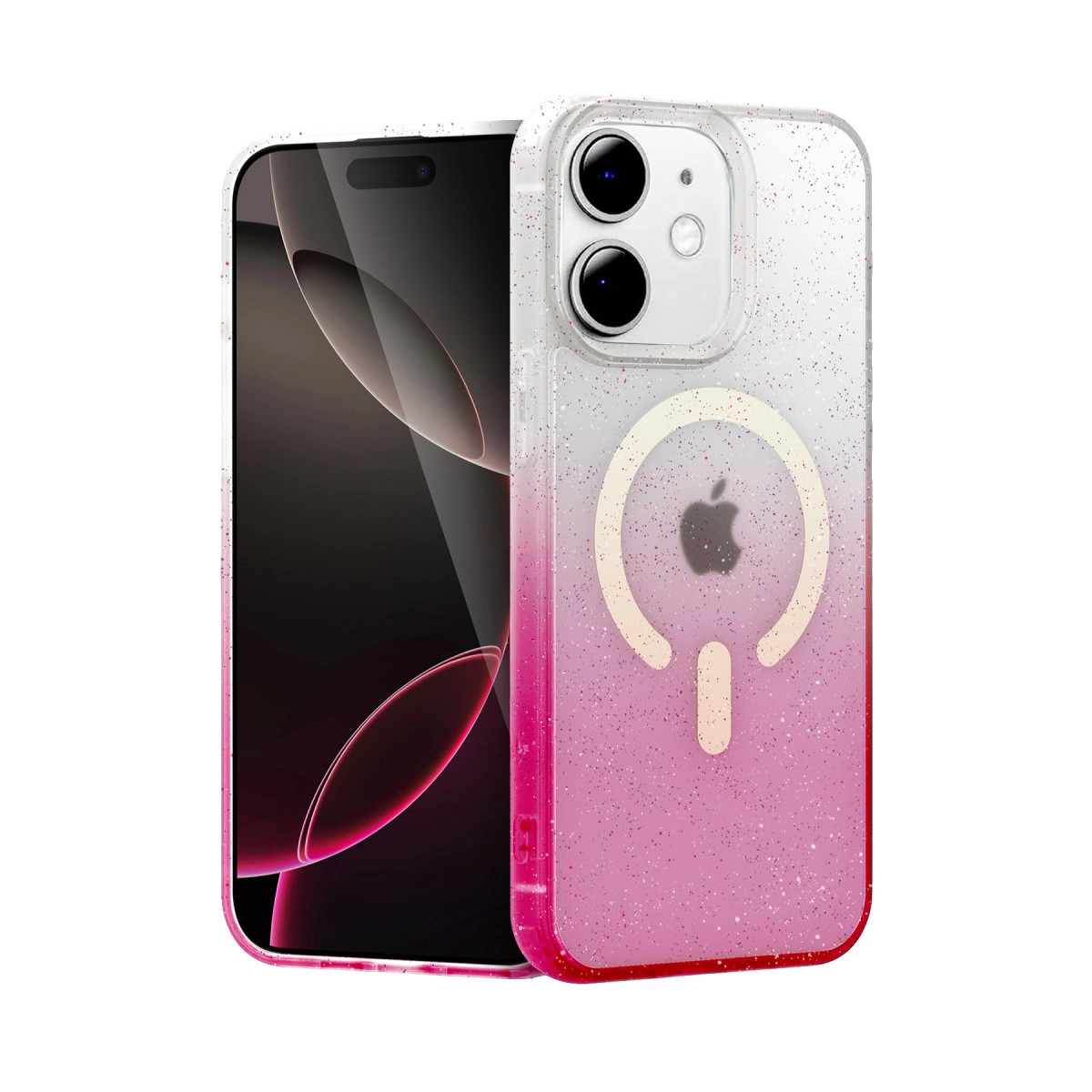 Pembe degrade ve simli şeffaf kılıflı bir iPhone.