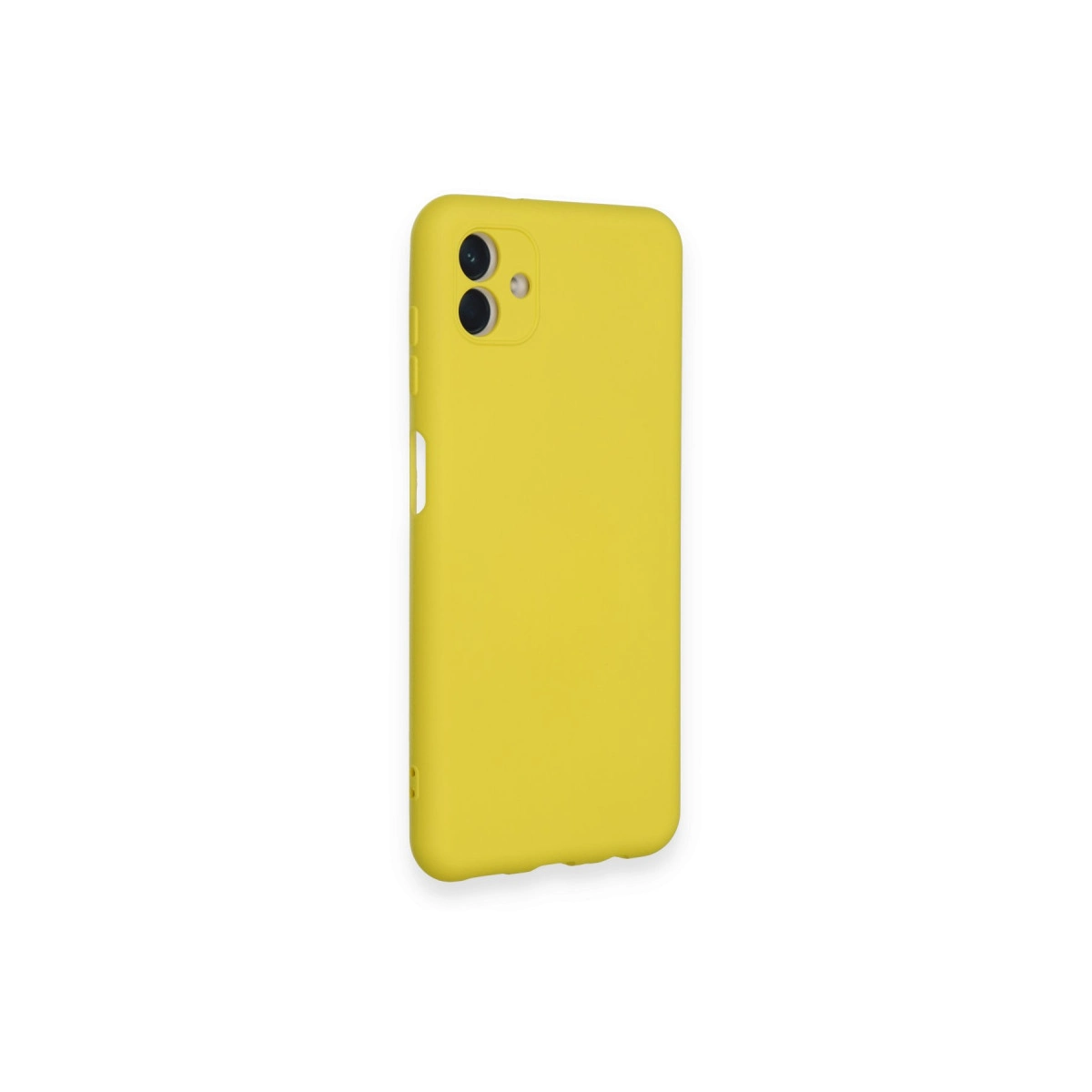 Arkada iki kamerası olan sarı telefon kılıfı, beyaz arka plan.