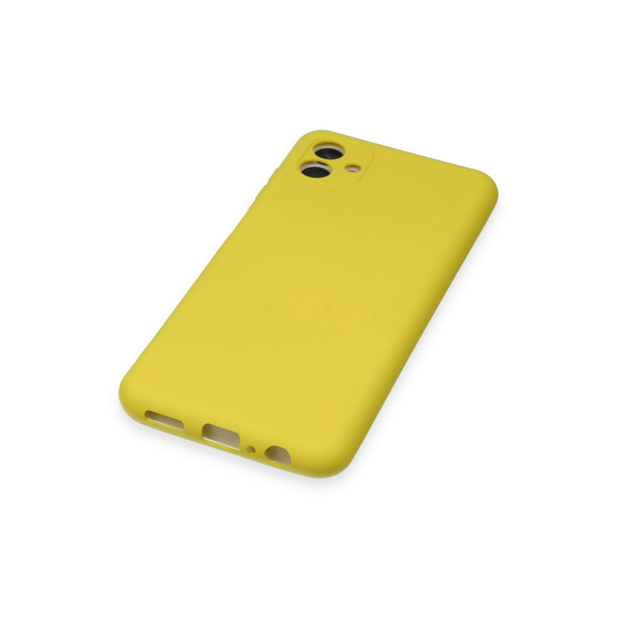 Kamera kesimli ve şarj portlu sarı telefon kılıfı.