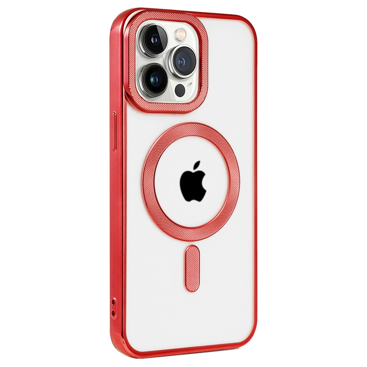 Kırmızı kenarlı ve Apple logolu şeffaf telefon kılıfı.