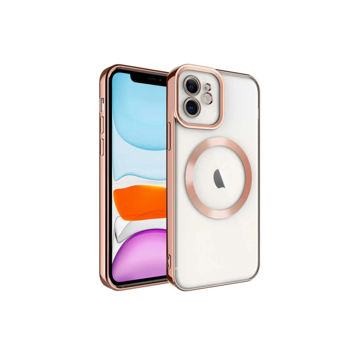 Şeffaf, rose altın iPhone kılıfı, kamera ve dairesel tasarımlı.