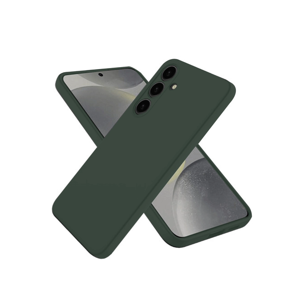 İki koyu yeşil telefon kılıfı üst üste binmiştir. Üst kılıfta üç kamera görünür.