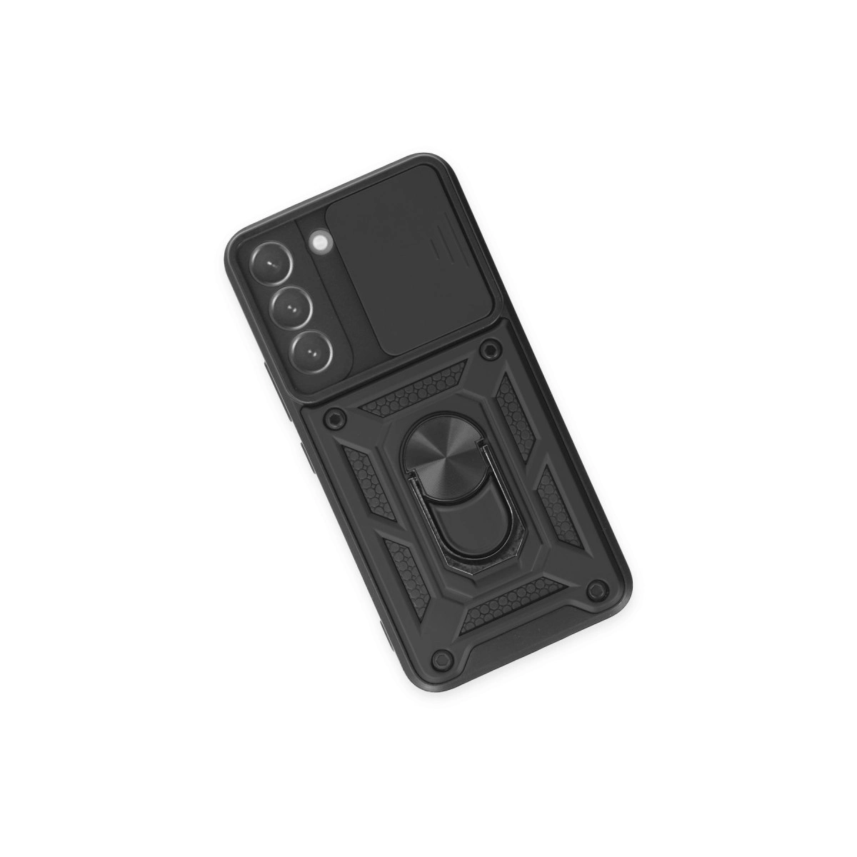Kamera kapaklı ve halka tutuculu siyah telefon kılıfı, beyaz arka plan.