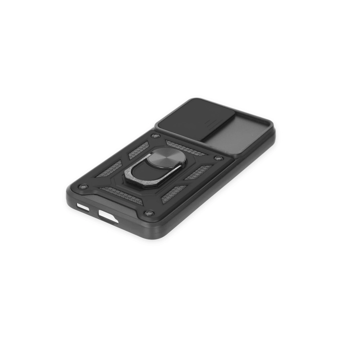 Yüzüklü ve kayar kamera kapaklı siyah telefon kılıfı.