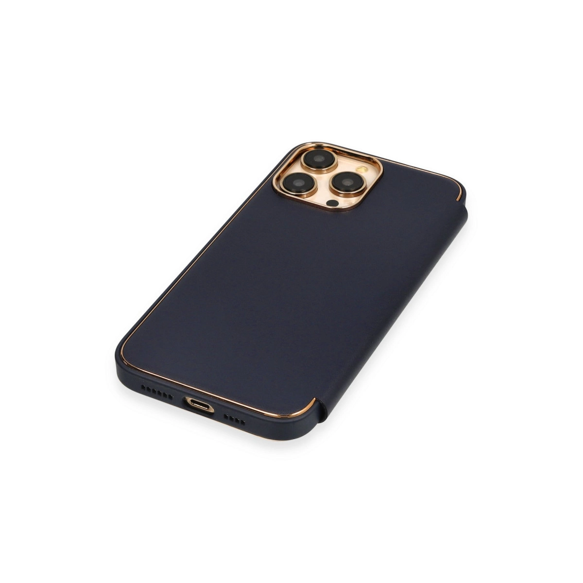 Altın kenarlı, koyu mavi telefon kılıfı ve kamera lensleri.