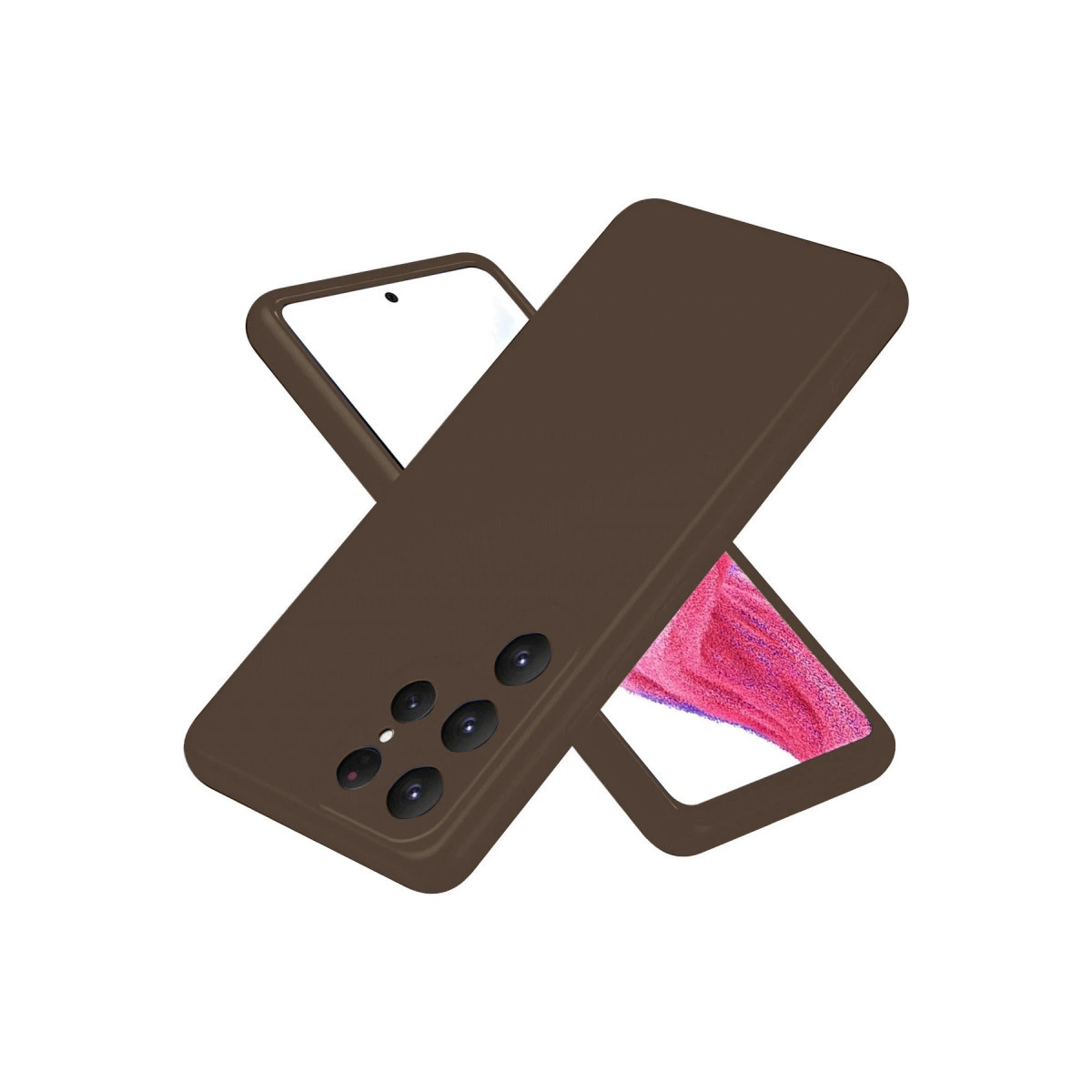 Arkada dört kamerası olan kahverengi telefon kılıfı, parlak bir ekranın üzerinde.