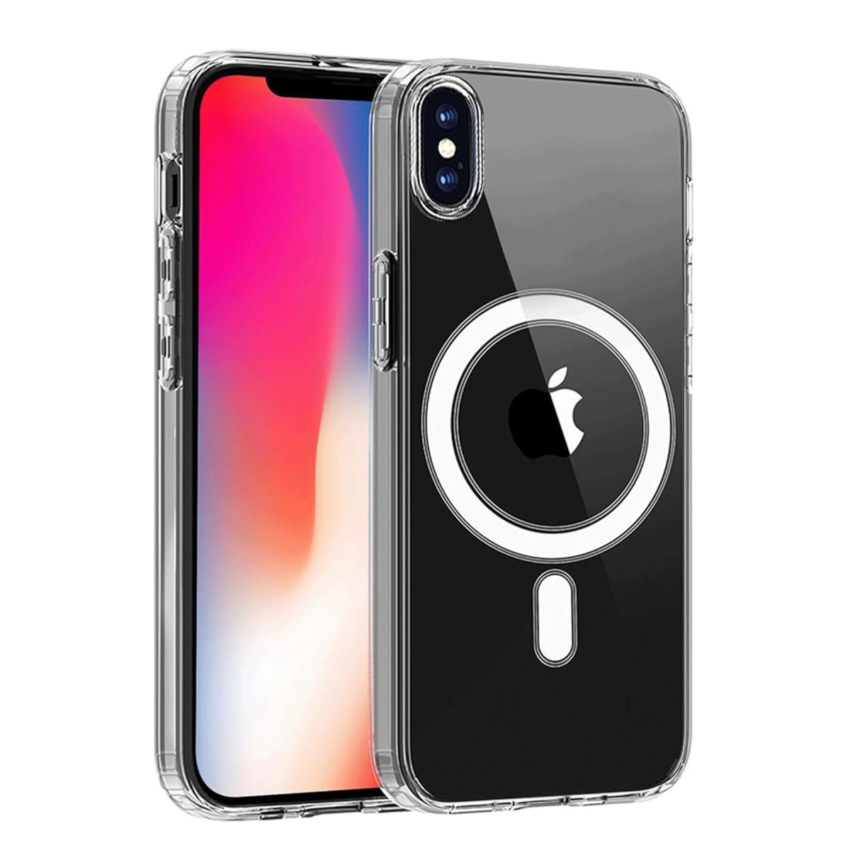 Apple logosu ve halka içeren şeffaf telefon kılıfı.