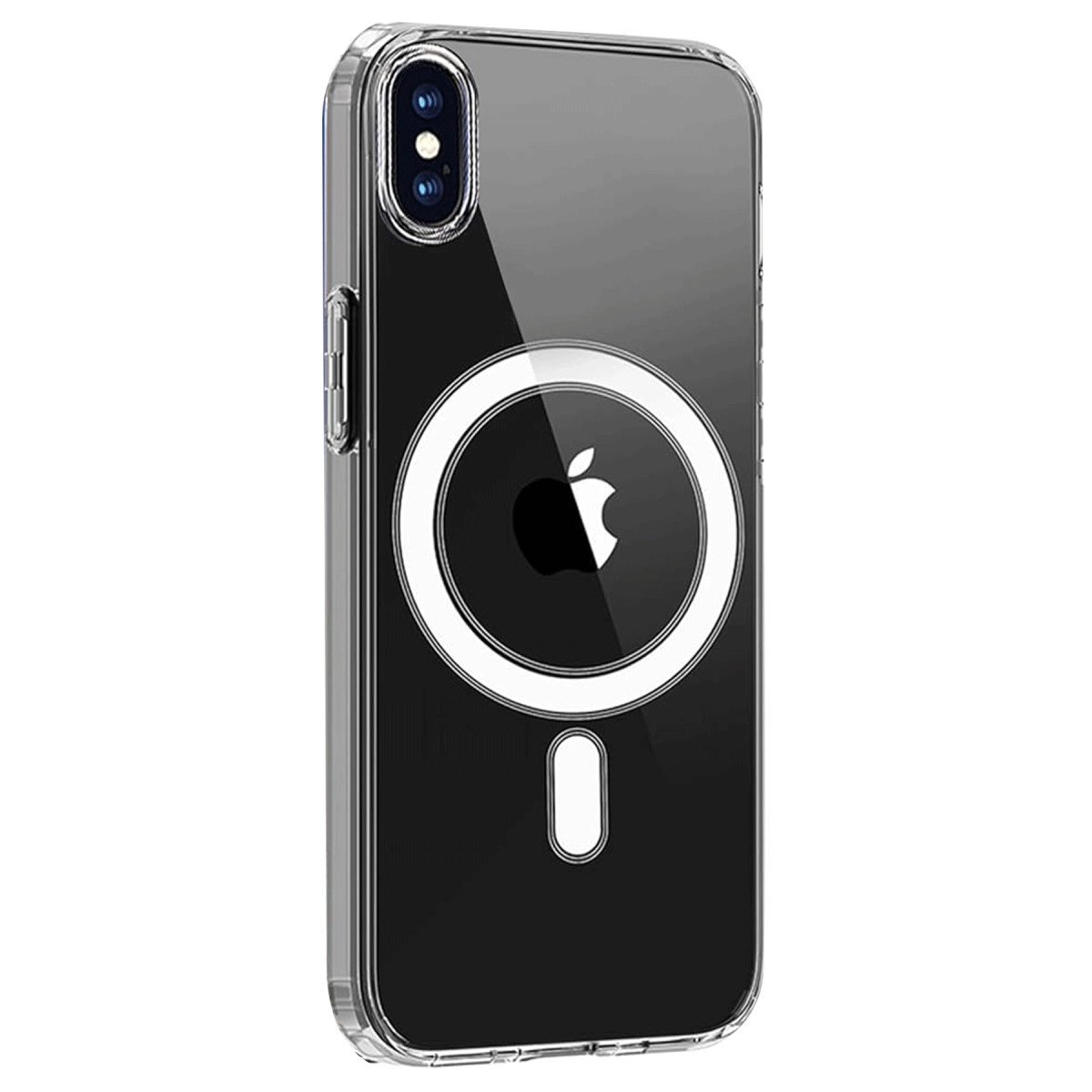 Apple logolu ve manyetik halkalı şeffaf telefon kılıfı.