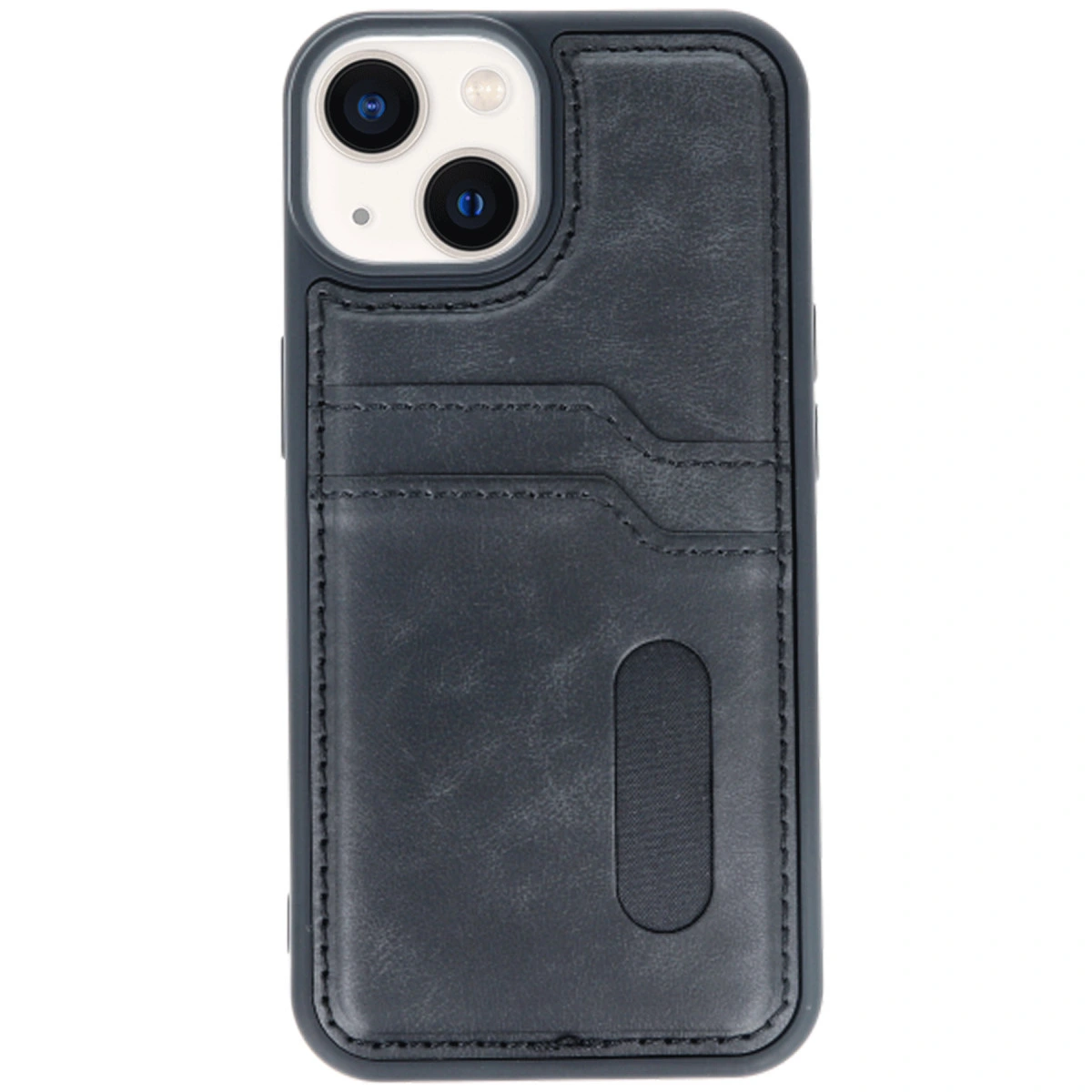 Koyu gri iPhone kılıfı kart yuvaları ve kamera kesimi.