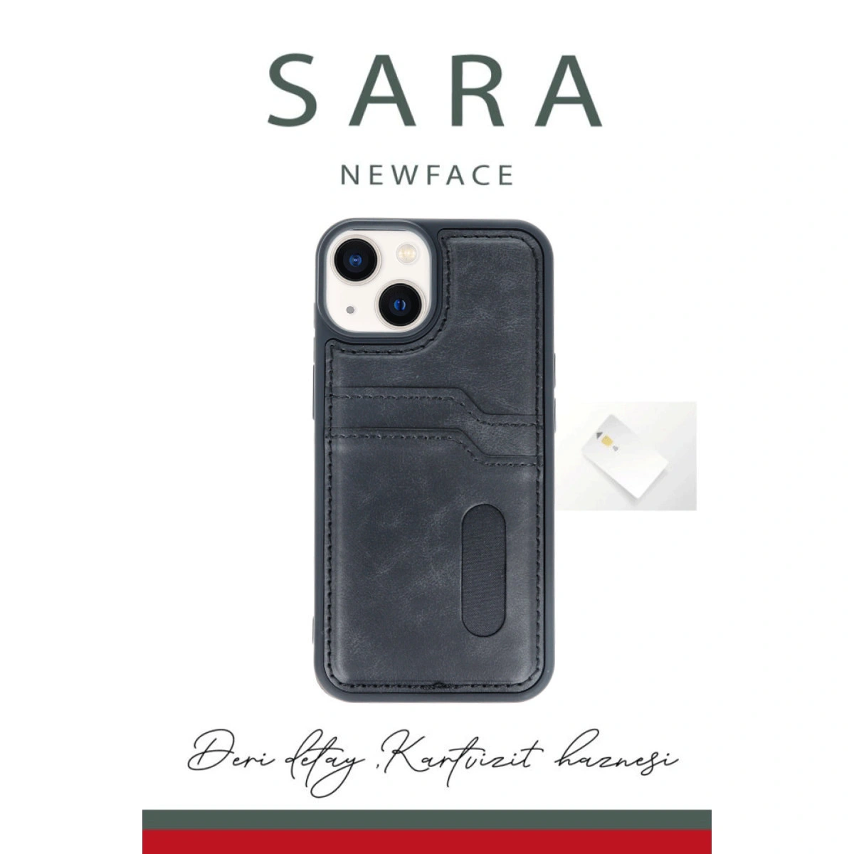 Kart yuvalı ve SIM kartlı koyu gri deri iPhone kılıfı.
