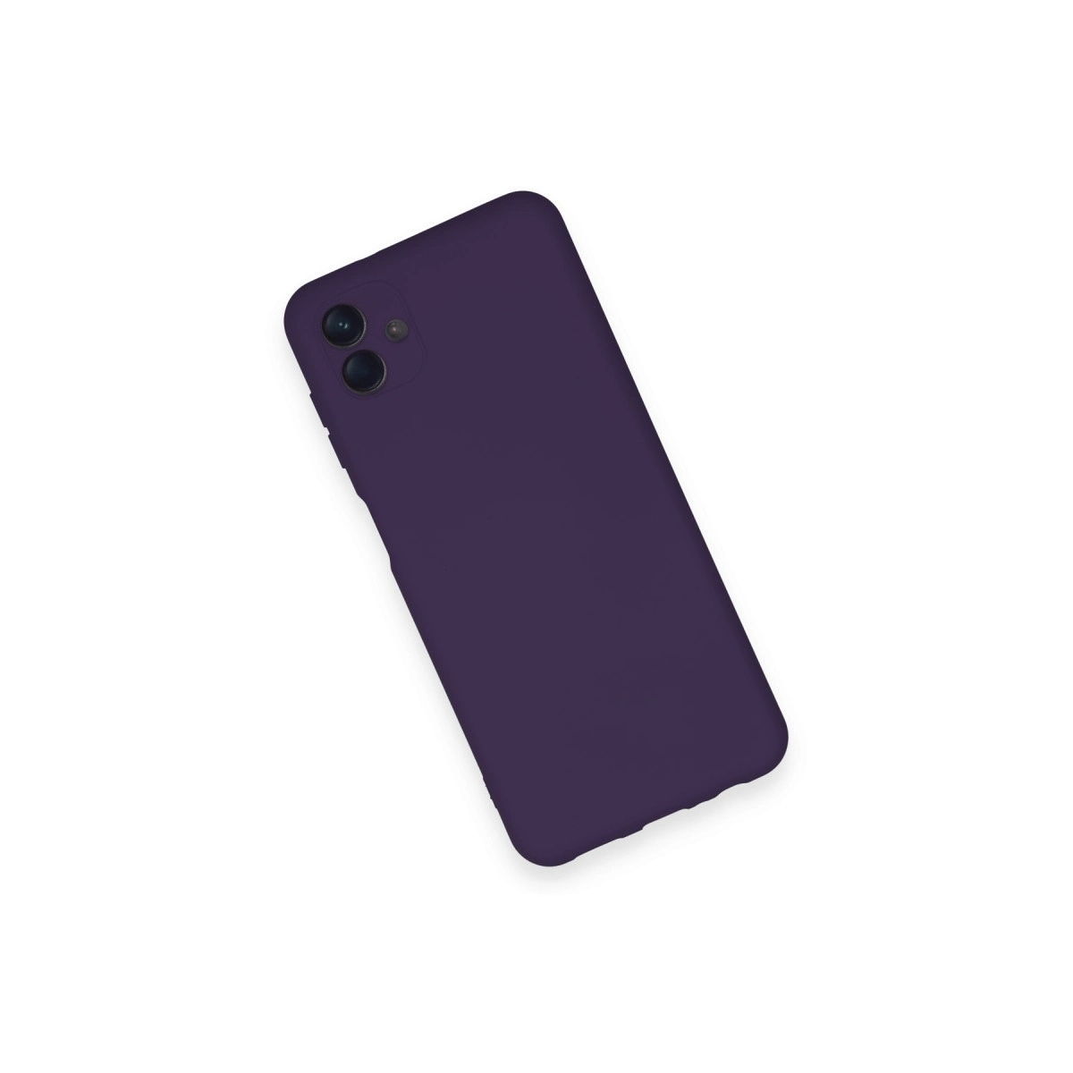 Koyu mor telefon kılıfı beyaz zeminde duruyor.