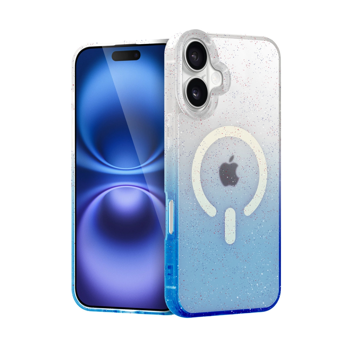 Mavi geçişli, şeffaf simli kılıflı bir iPhone.