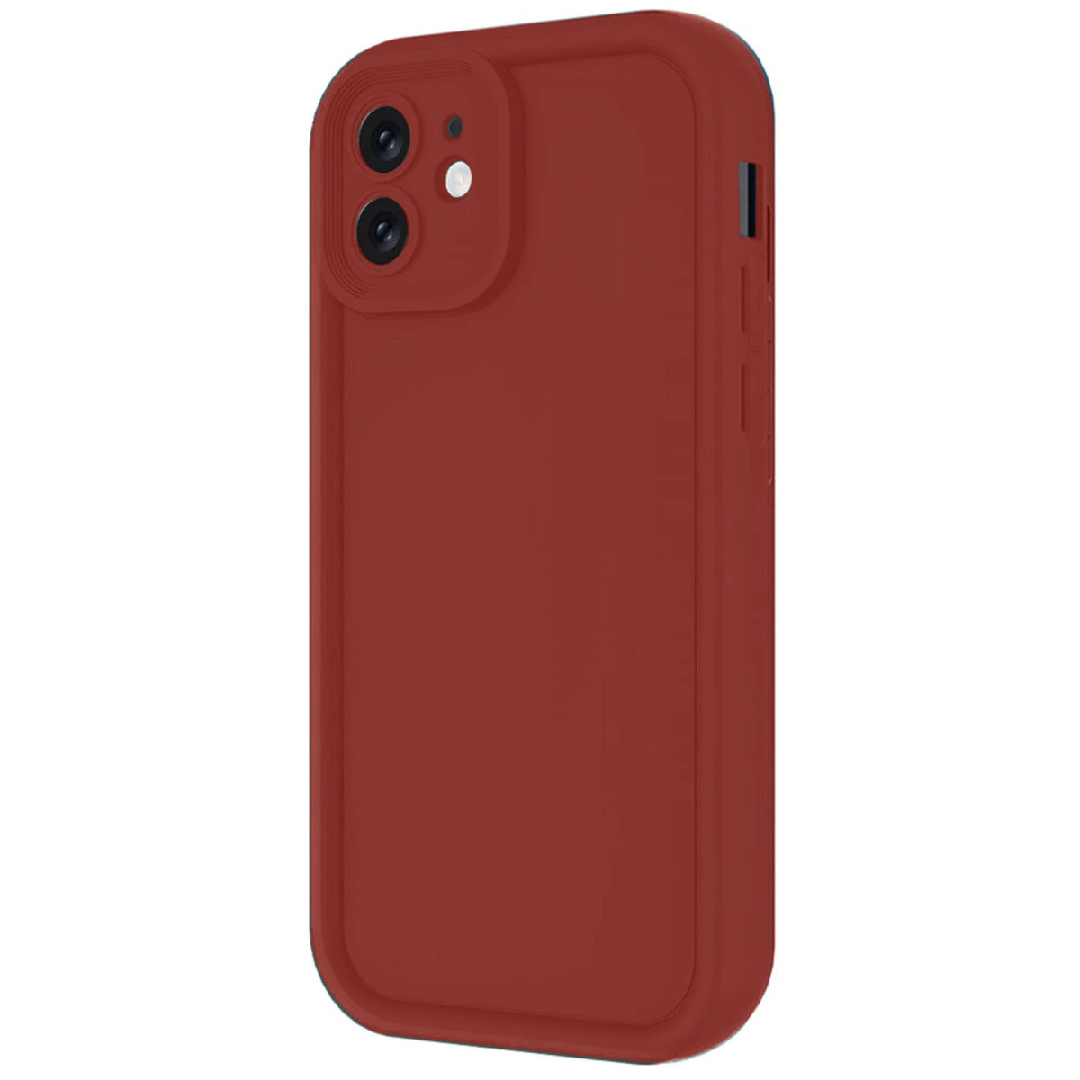 Çift kamera kesimli, yan düğmeli kırmızı iPhone kılıfı, beyaz üzerinde izole.