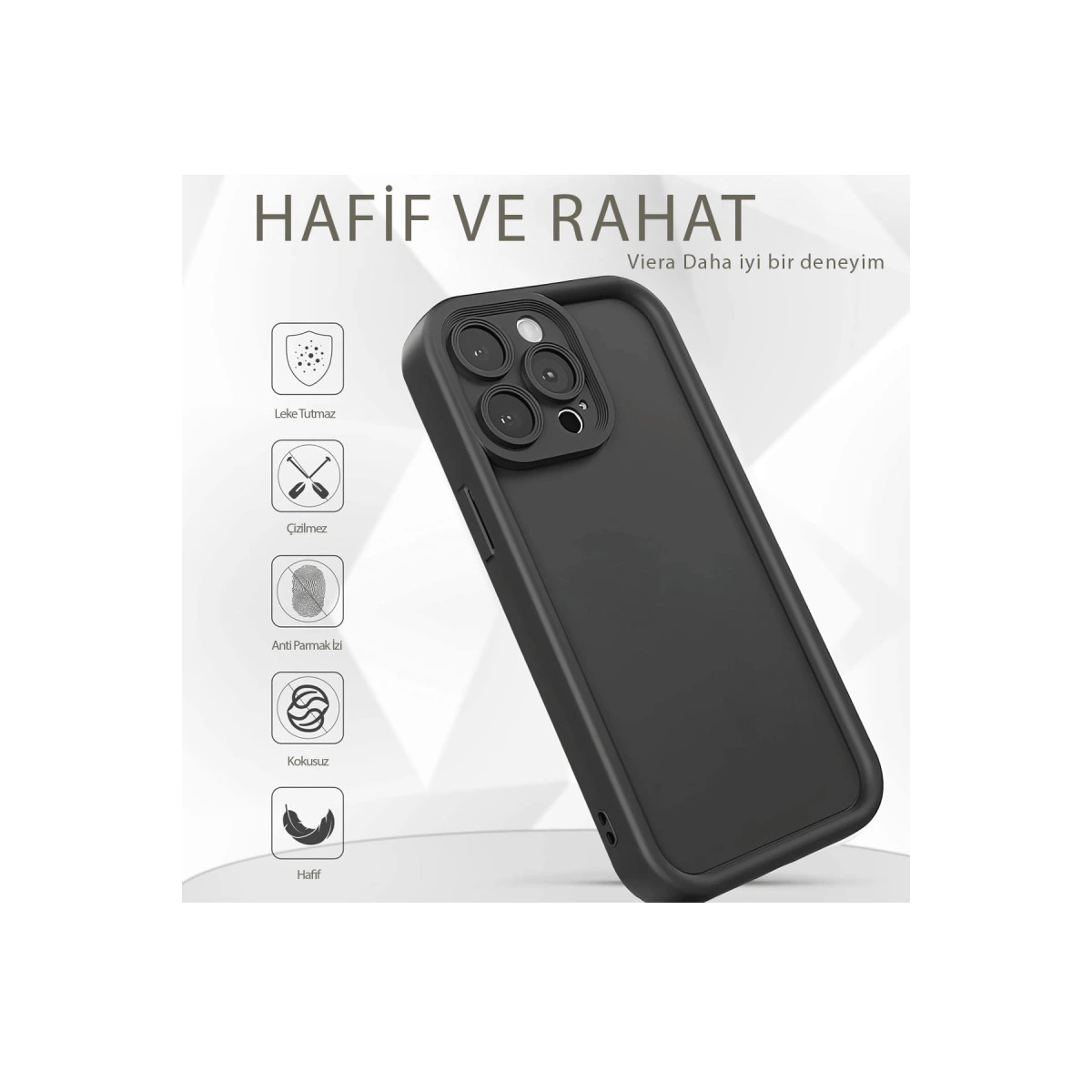 Kamera kesimli siyah telefon kılıfı, yanında metin ve simgeler.