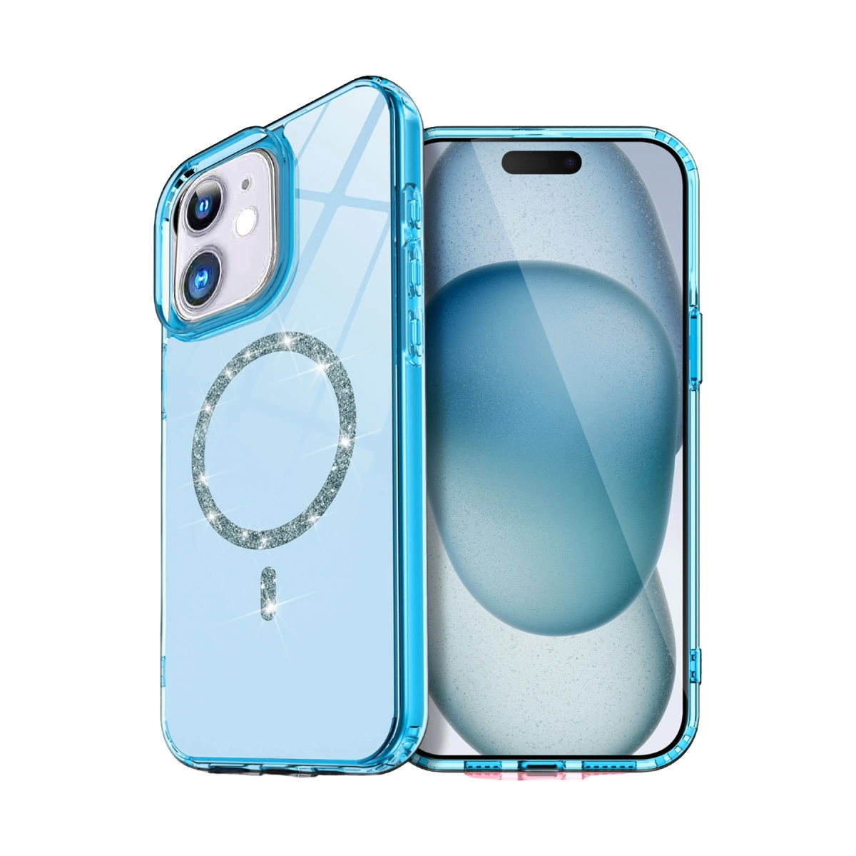 Berrak mavi parlak halkalı ve telefonlu telefon kılıfı.