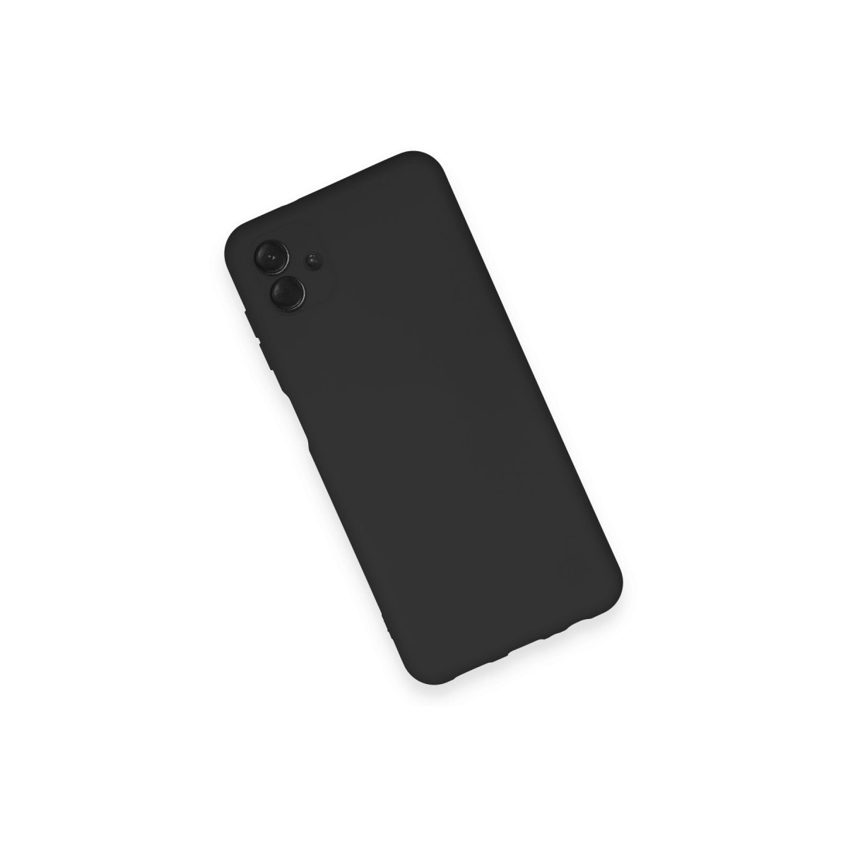 Beyaz zeminde yatan çift kameralı siyah akıllı telefon.