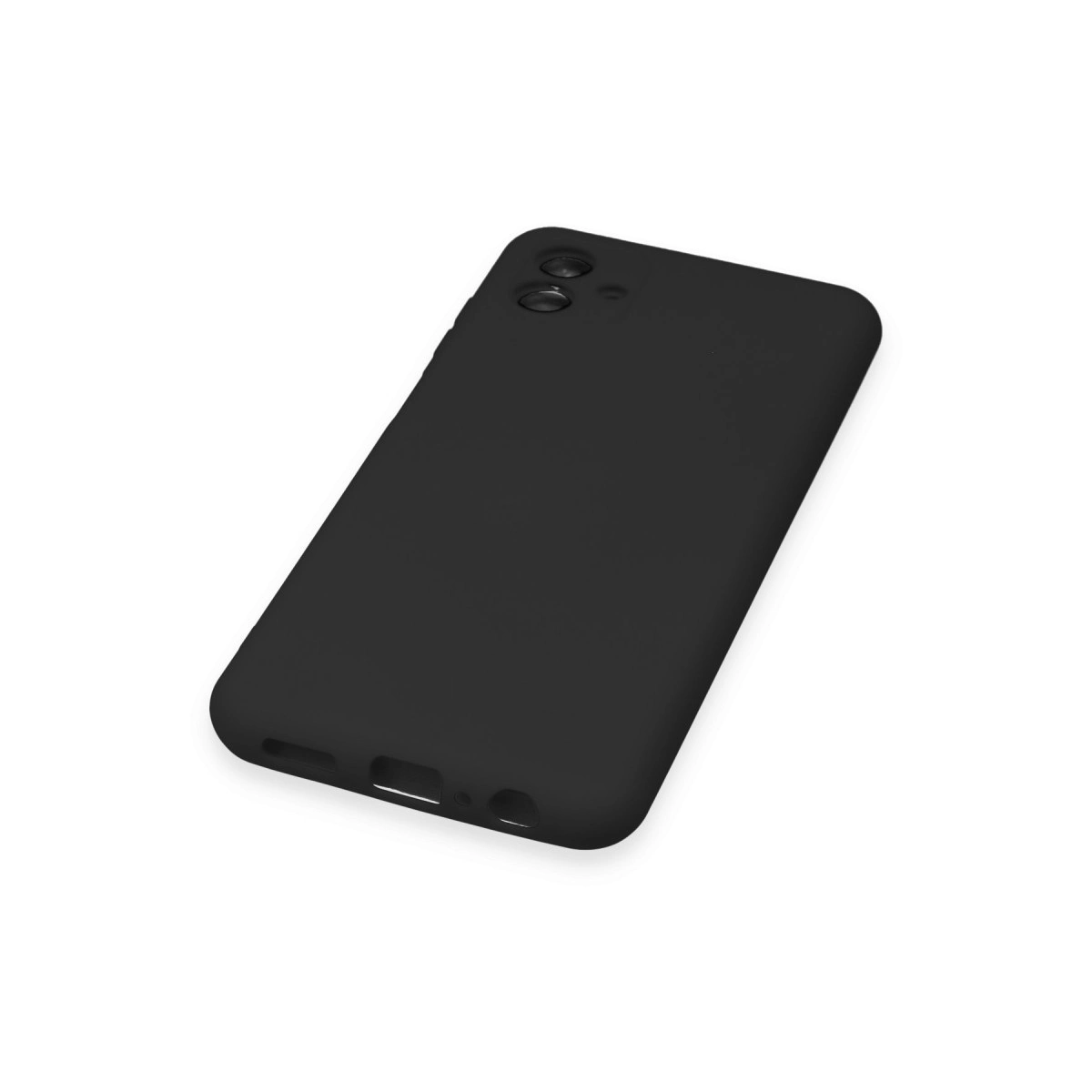 Kamera kesimli ve şarj portlu siyah telefon kılıfı.