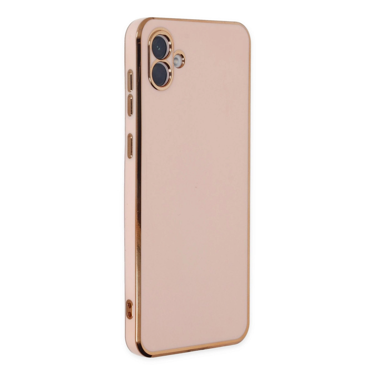 İki kamera lensli ve altın rengi kenarlıklı, gül altın rengi telefon kılıfı.