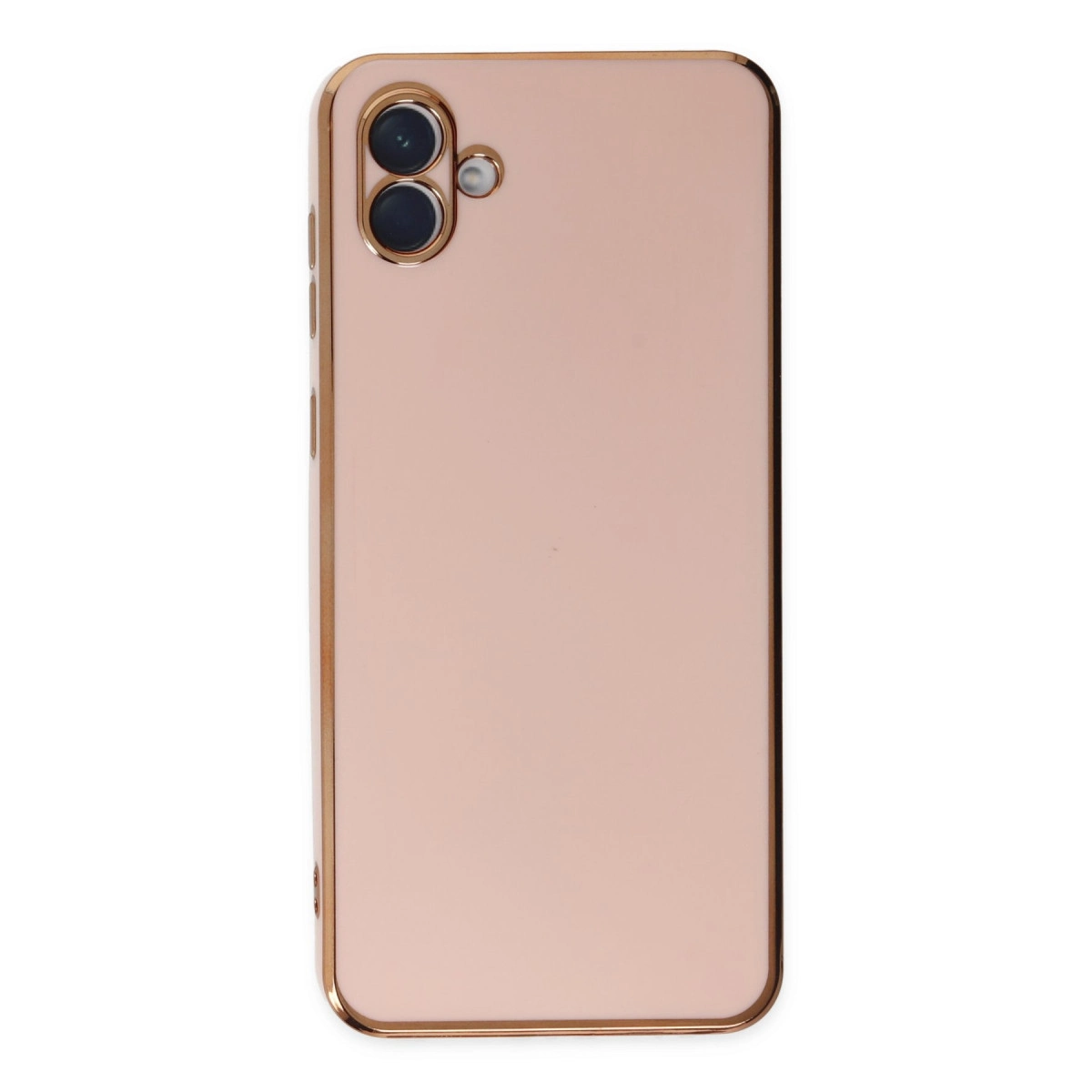 Çift lensli kamera kurulumu ve flaşa sahip, pembe altın rengi telefon kılıfı.