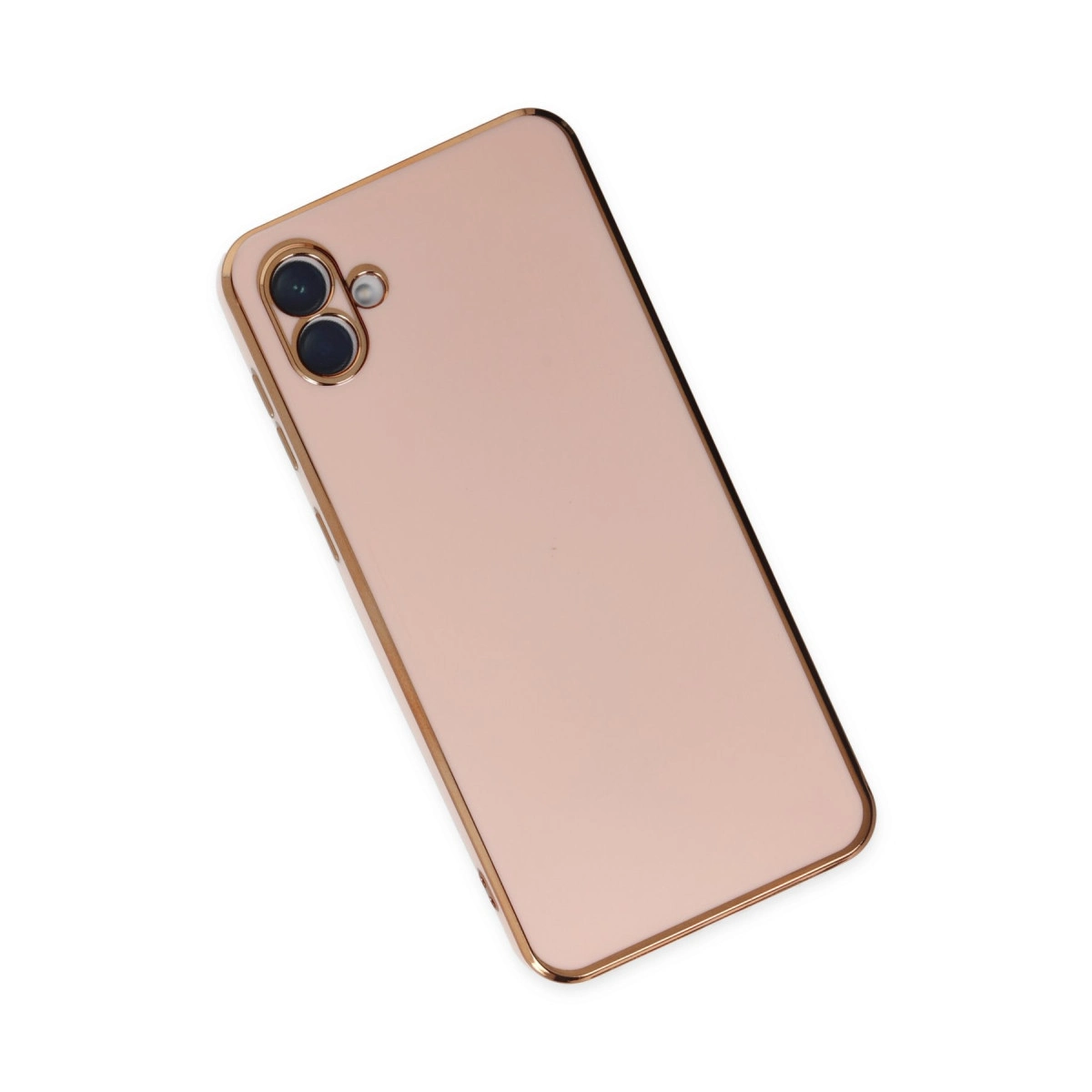Arkada iki kamerası olan gül altın rengi bir akıllı telefon.